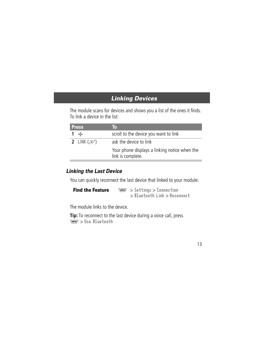 Motorola Bluetooth Module manual Linking Devices, Linking the Last Device 