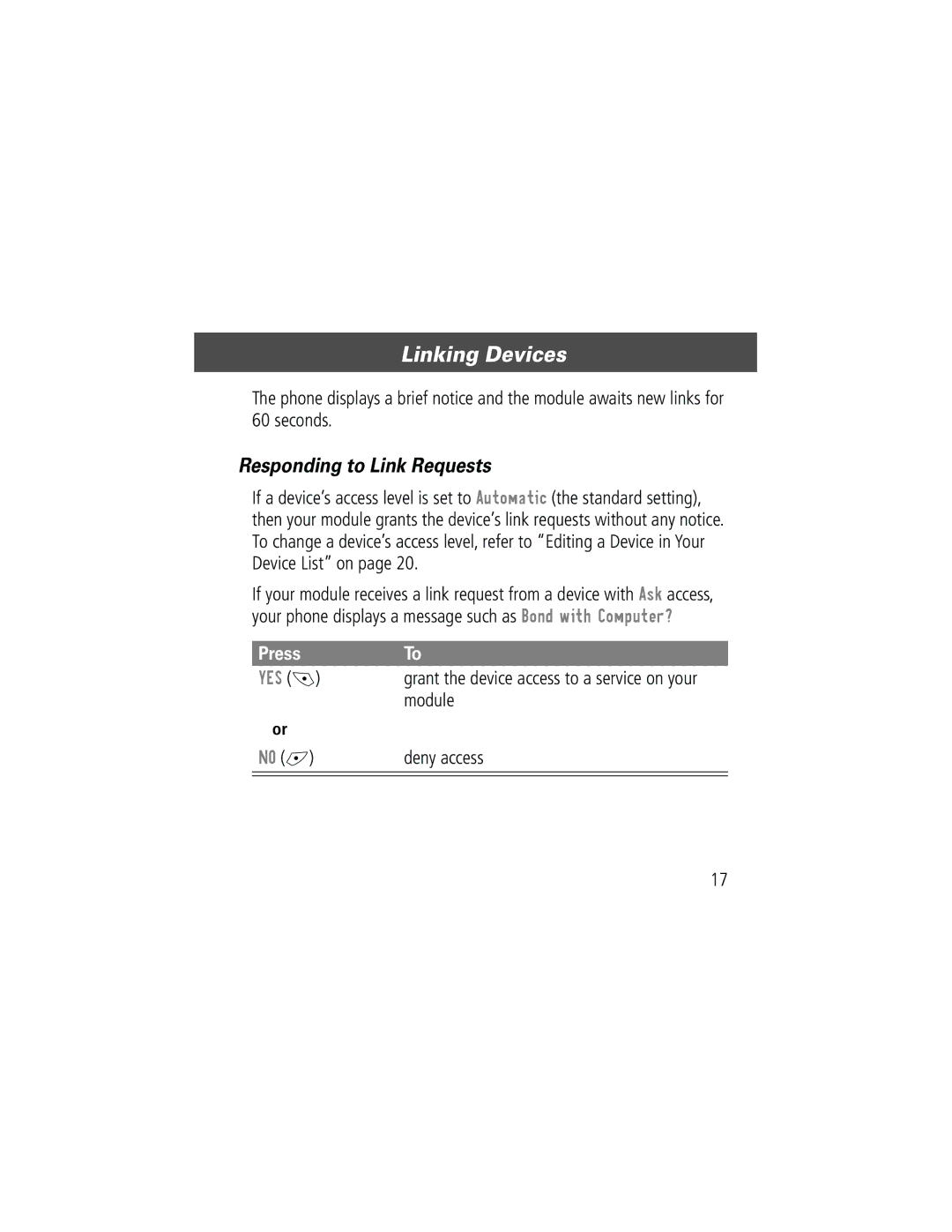 Motorola Bluetooth Module manual Responding to Link Requests 