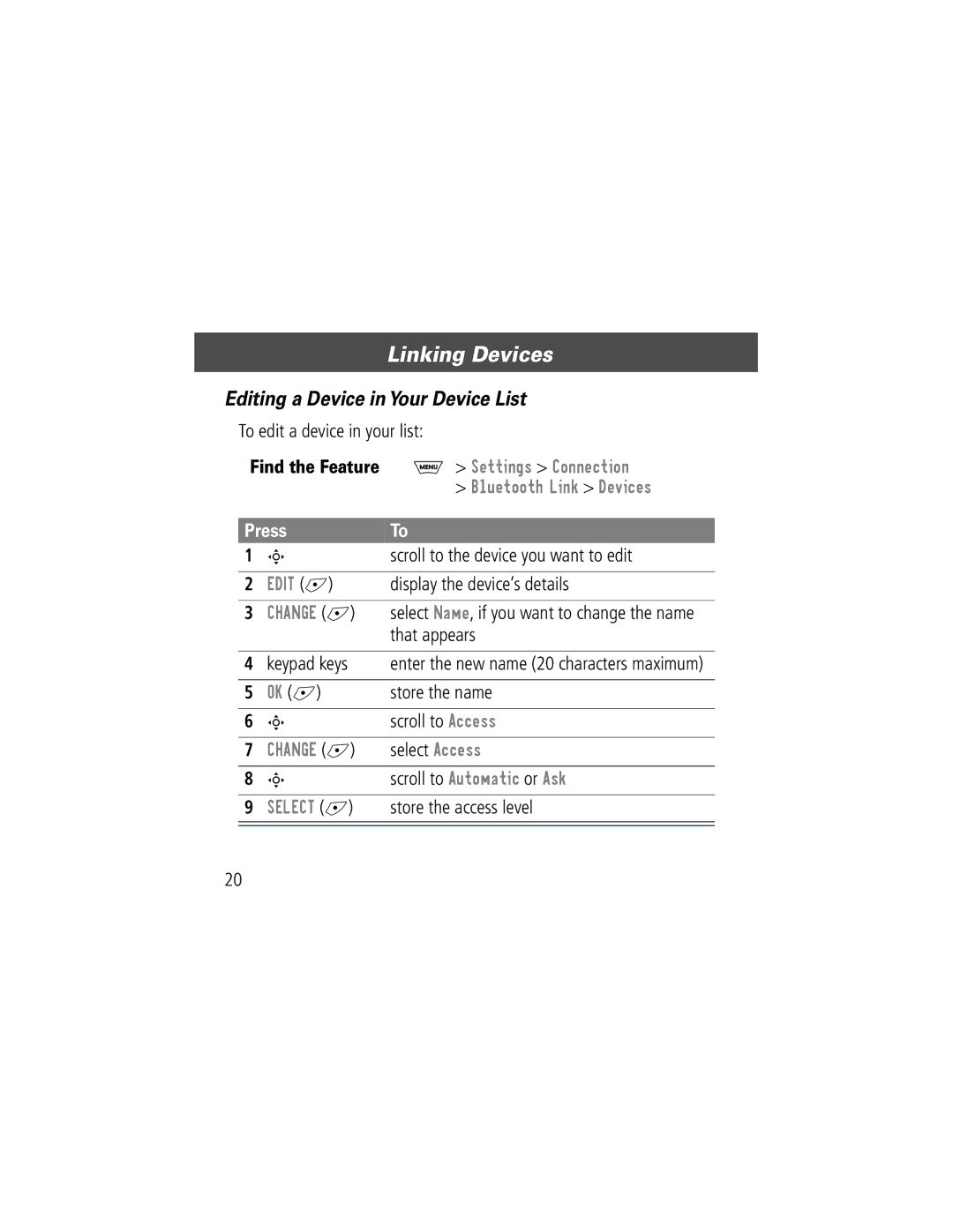 Motorola Bluetooth Module manual Editing a Device in Your Device List 