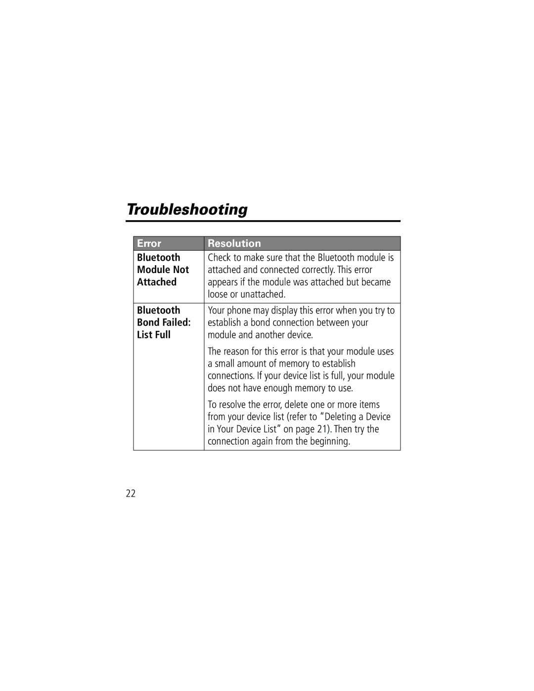 Motorola Bluetooth Module manual Troubleshooting, Error Resolution 