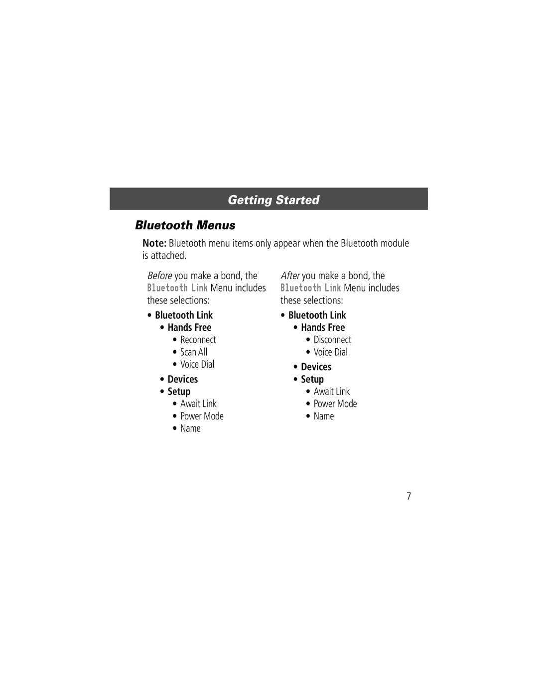 Motorola Bluetooth Module manual Bluetooth Menus, Devices Setup 