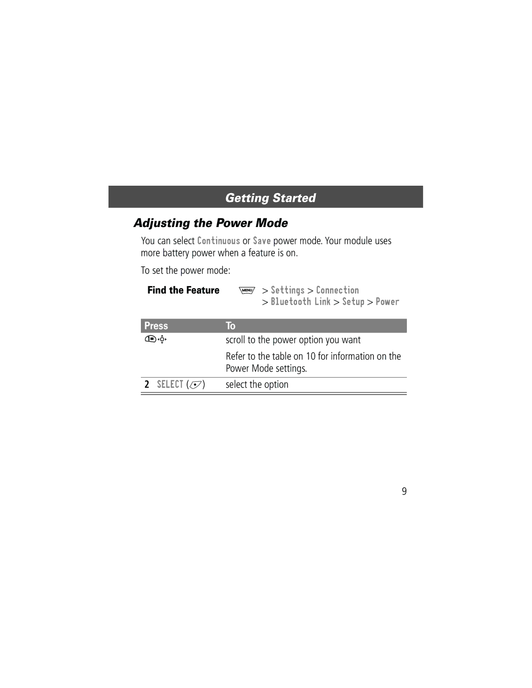 Motorola Bluetooth Module manual Adjusting the Power Mode 