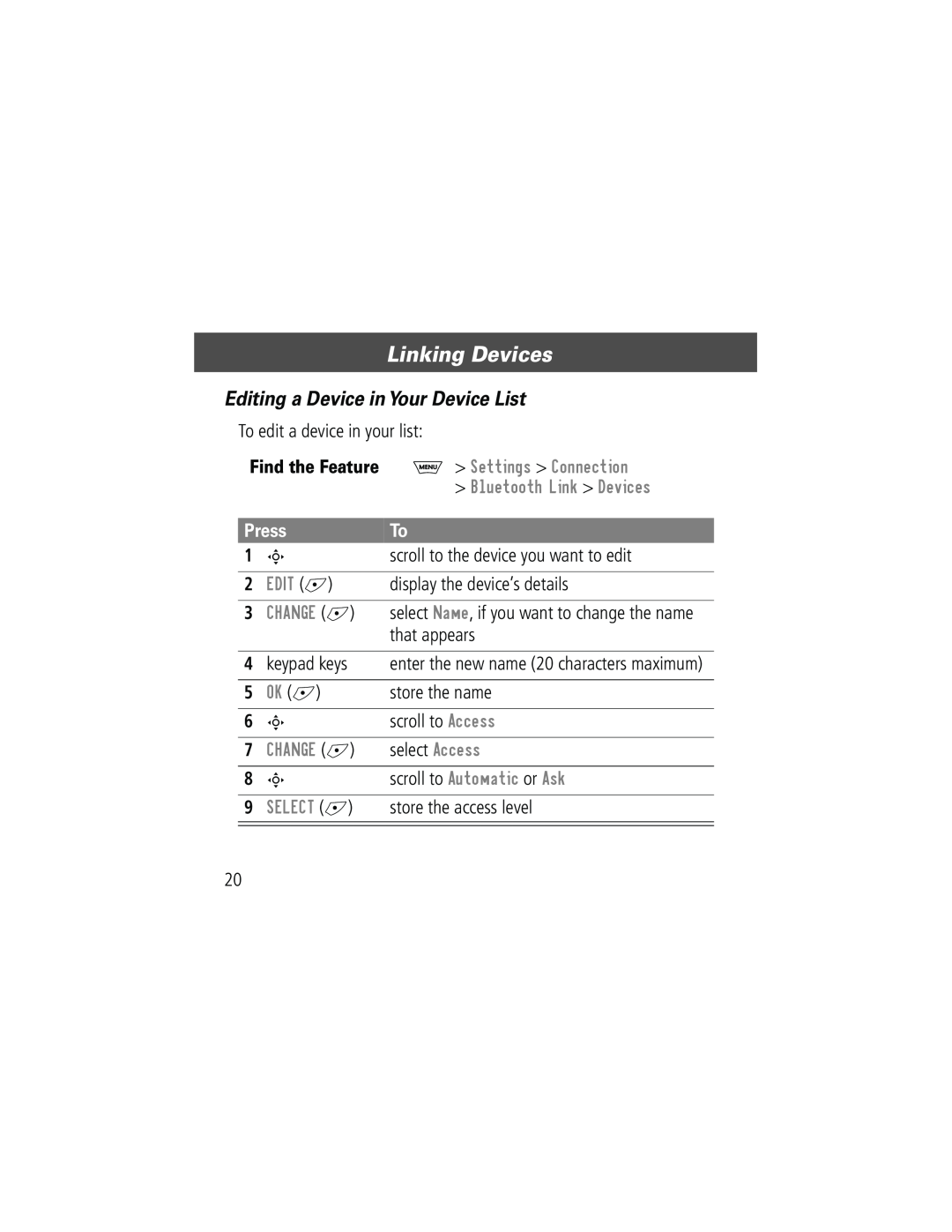 Motorola Bluetooth Module manual Editing a Device in Your Device List, Linking Devices, Press 
