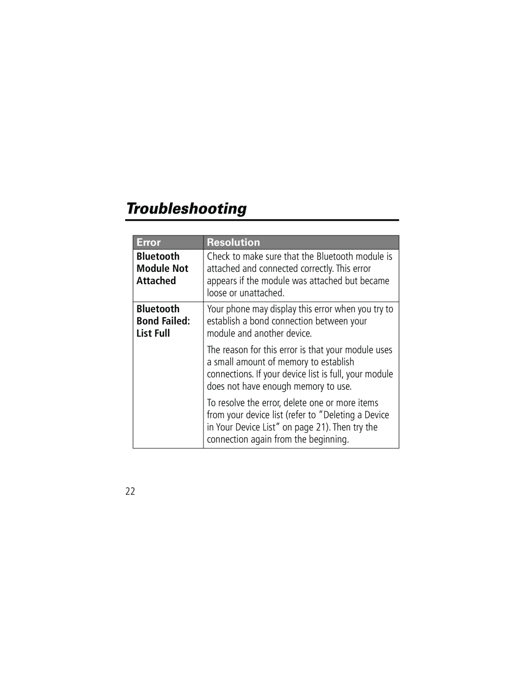 Motorola Bluetooth Module manual Troubleshooting, Error, Resolution, Module Not, Attached, Bond Failed, List Full 