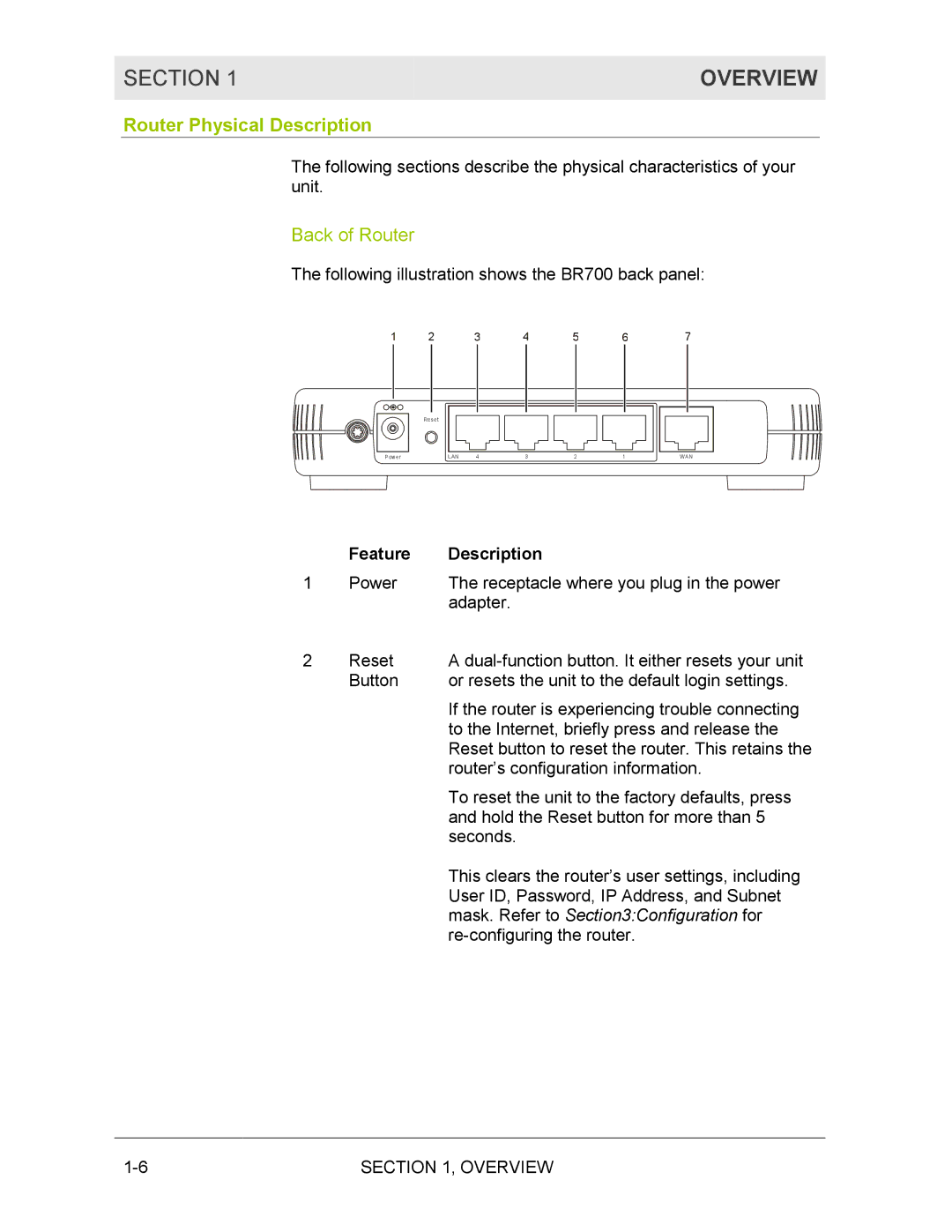 Motorola BR700 manual Router Physical Description, Back of Router, Feature Description 