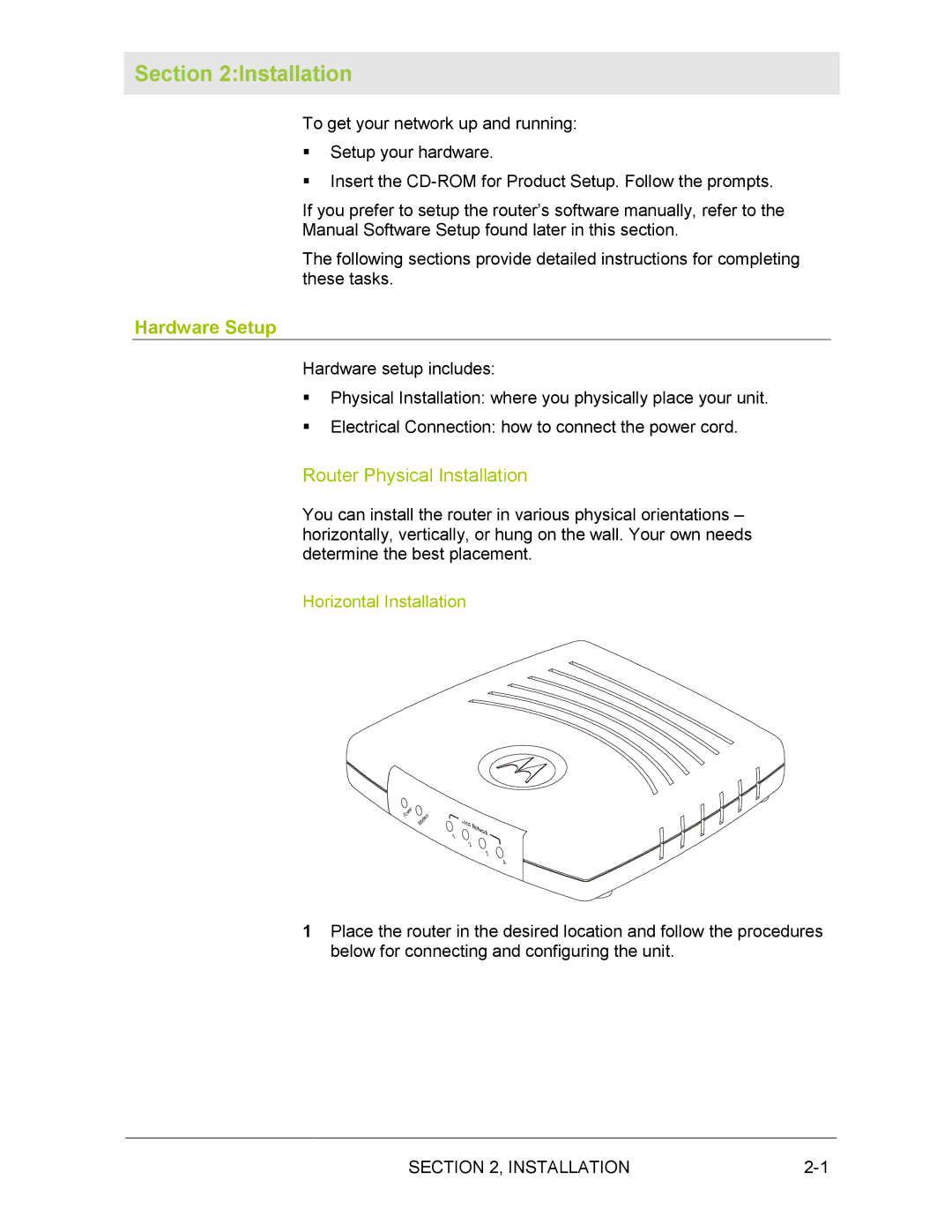 Motorola BR700 manual Hardware Setup, Router Physical Installation 