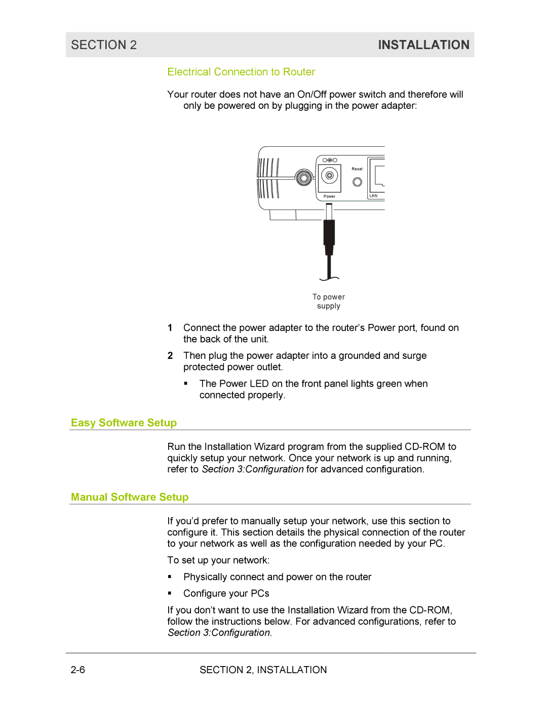 Motorola BR700 manual Electrical Connection to Router, Easy Software Setup, Manual Software Setup 