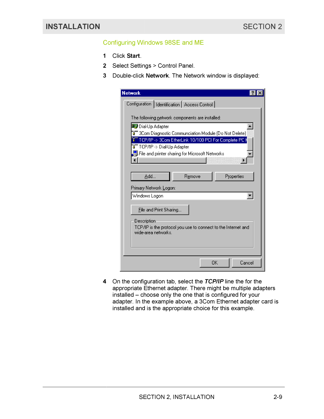 Motorola BR700 manual Configuring Windows 98SE and ME 