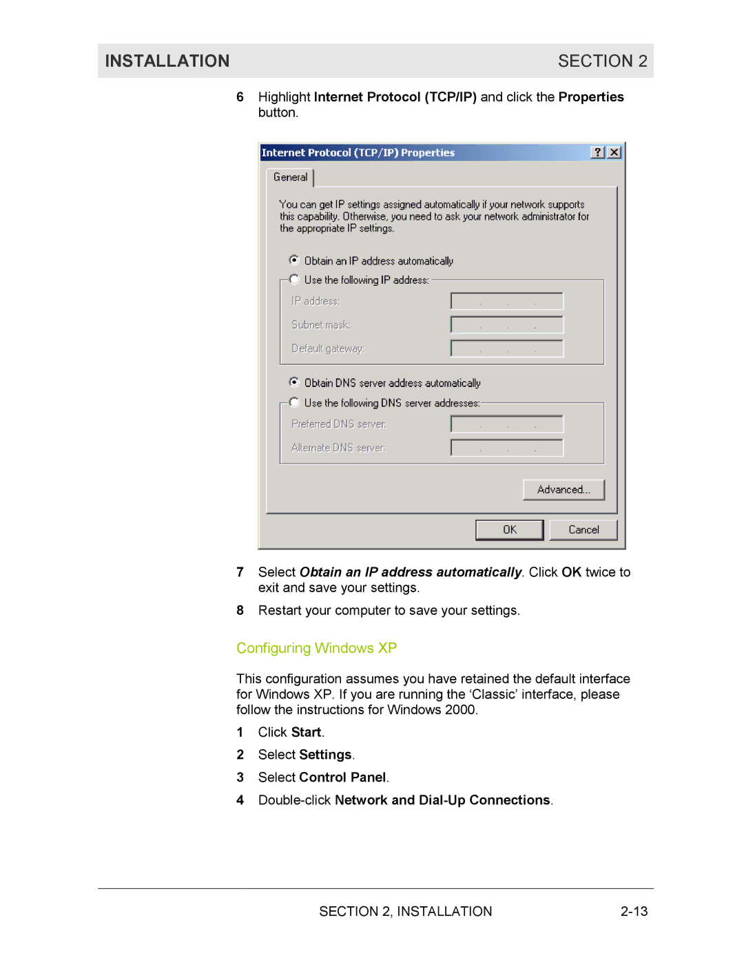 Motorola BR700 manual Configuring Windows XP 