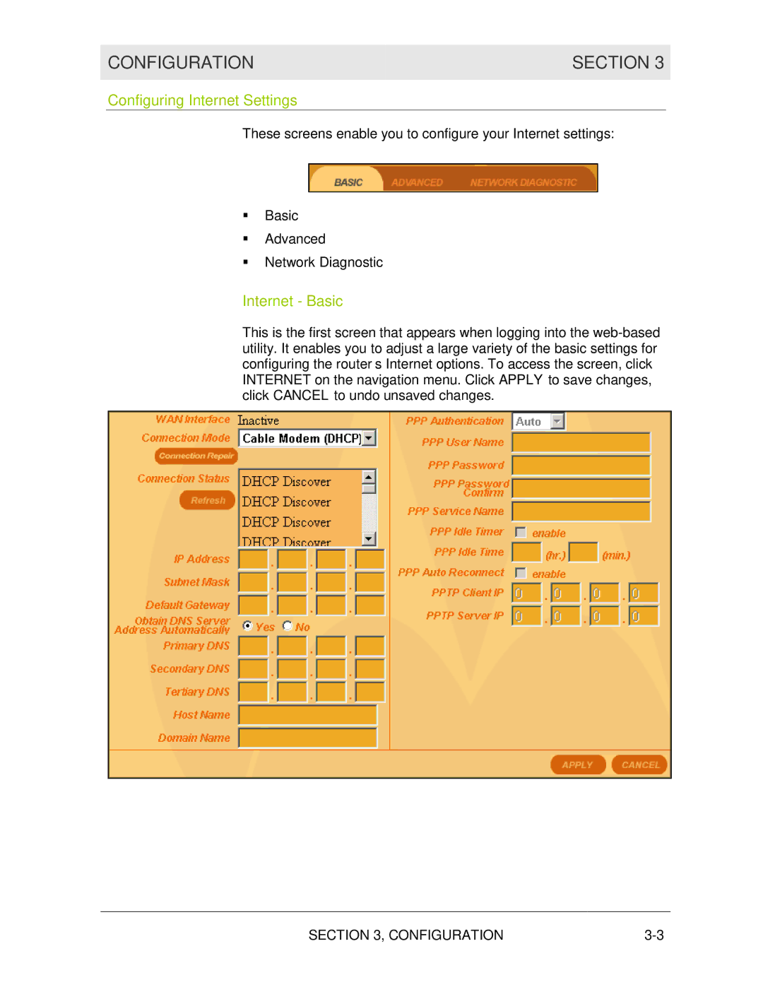 Motorola BR700 manual Configuration Section, Configuring Internet Settings, Internet Basic 