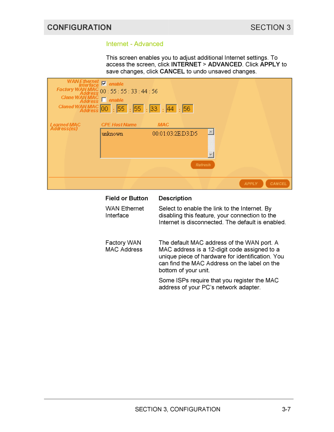 Motorola BR700 manual Configuration Section, Internet Advanced 