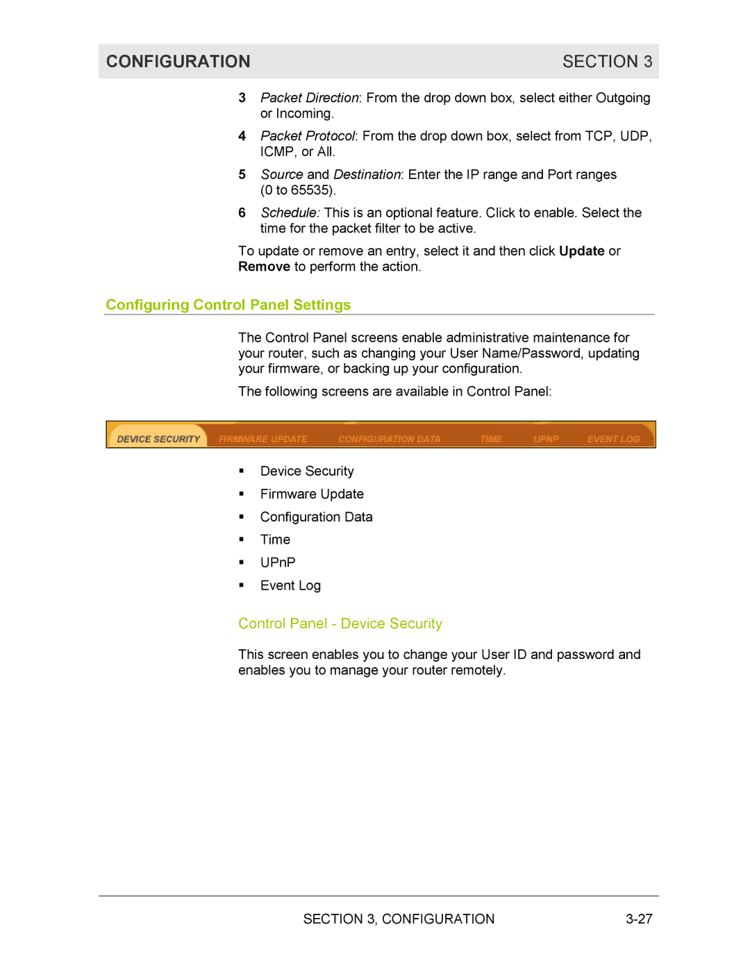 Motorola BR700 manual Configuring Control Panel Settings, Control Panel Device Security 