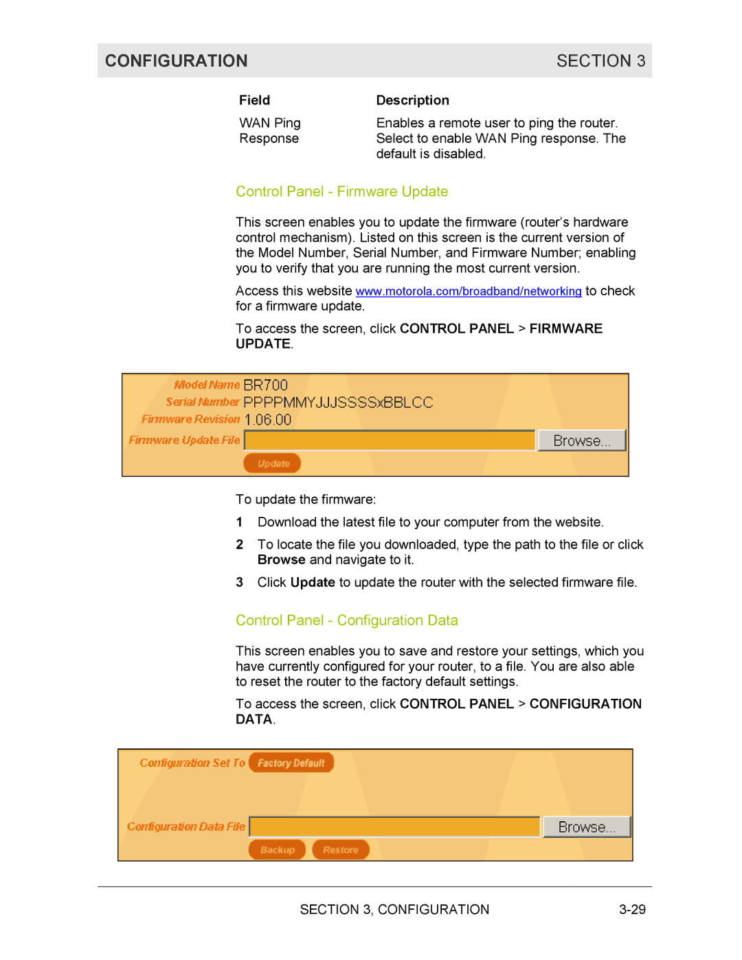 Motorola BR700 manual Control Panel Firmware Update, Control Panel Configuration Data 