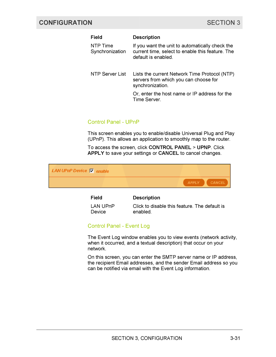 Motorola BR700 manual Control Panel UPnP, Control Panel Event Log 