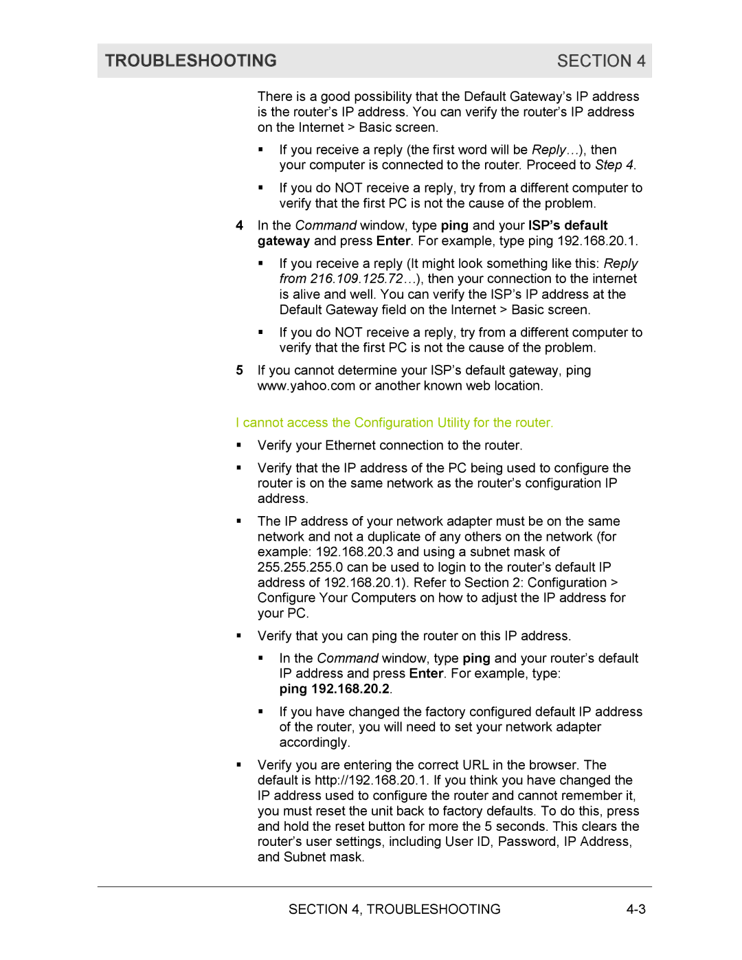 Motorola BR700 manual Troubleshooting Section, Ping 