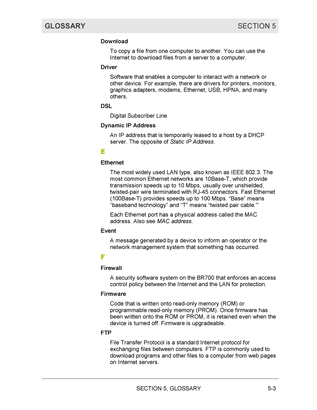 Motorola BR700 manual Glossary Section, Dsl, Ftp 