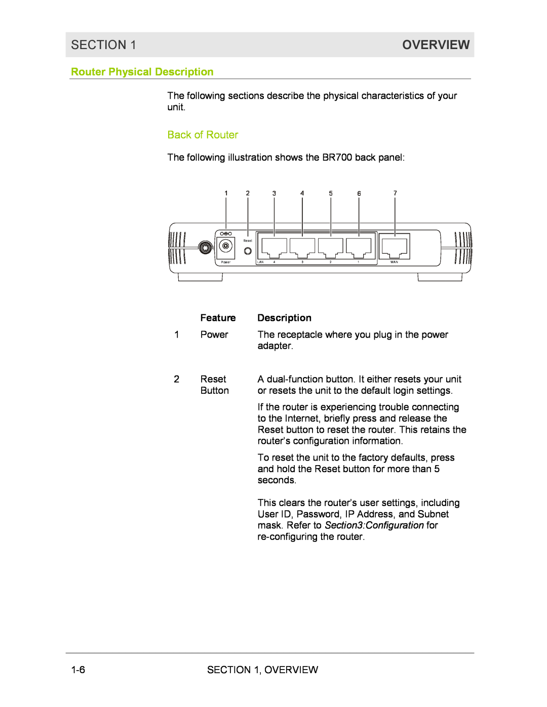 Motorola BR700 manual Router Physical Description, Back of Router, Feature, Section, Overview 