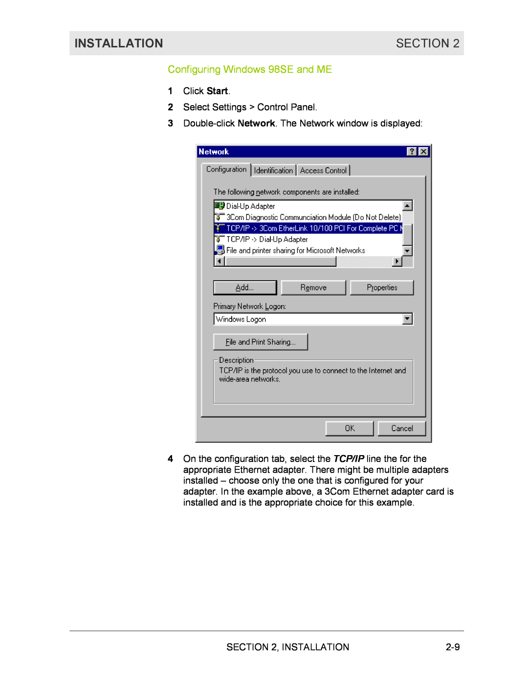 Motorola BR700 manual Configuring Windows 98SE and ME, Installation, Section 