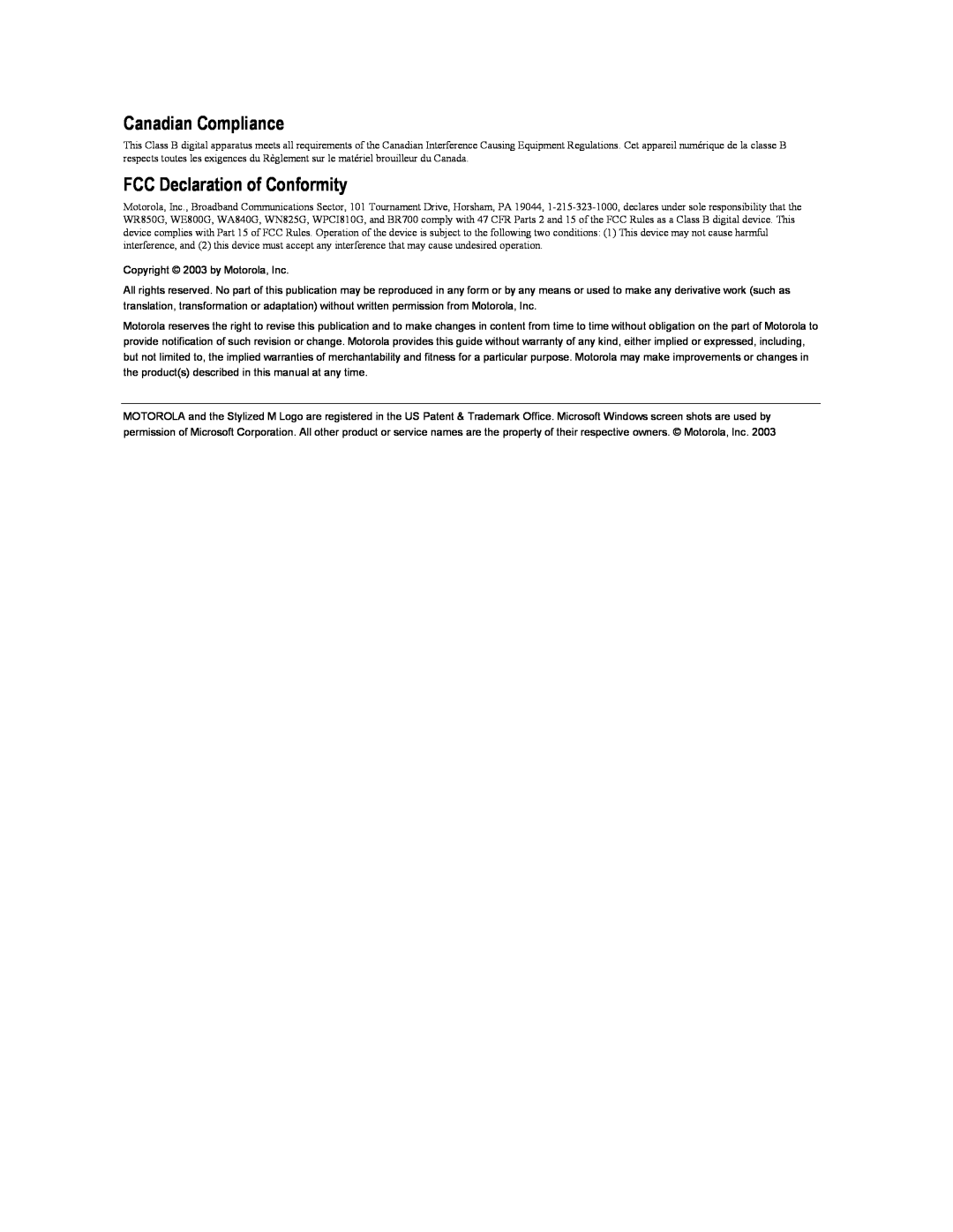 Motorola BR700 manual Canadian Compliance, FCC Declaration of Conformity 