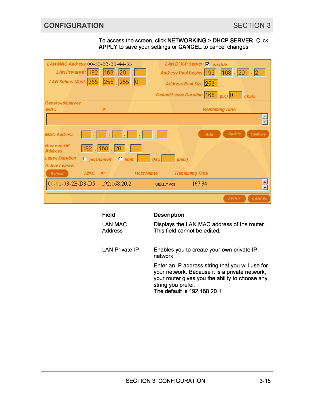 Motorola BR700 manual Configuration, Section, Field, Description 