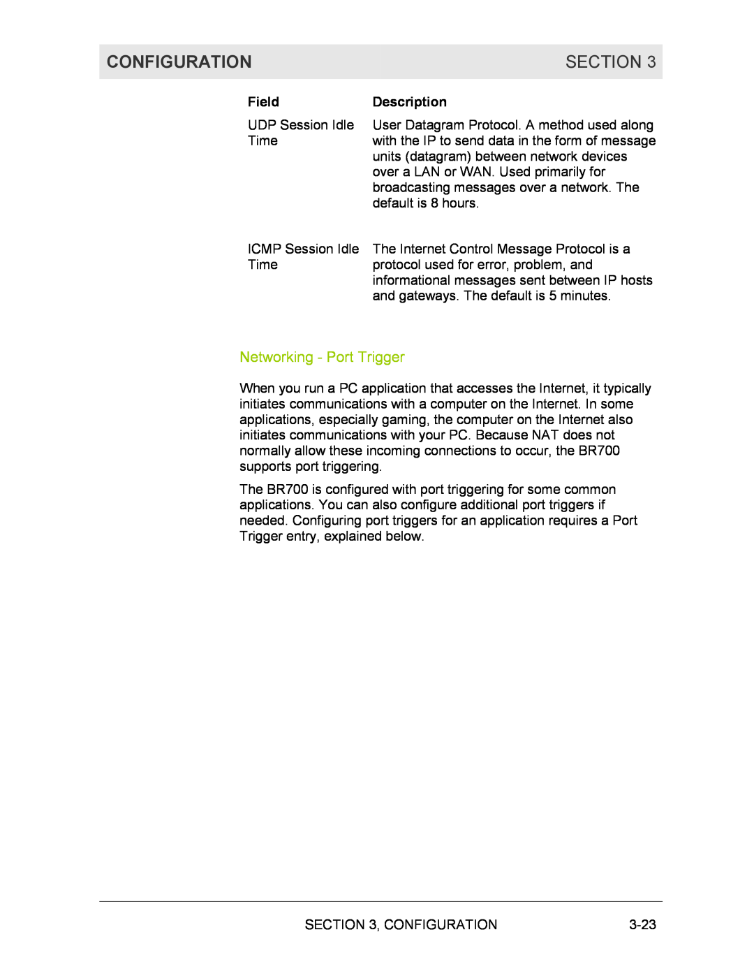 Motorola BR700 manual Networking - Port Trigger, Configuration, Section, Field, Description 