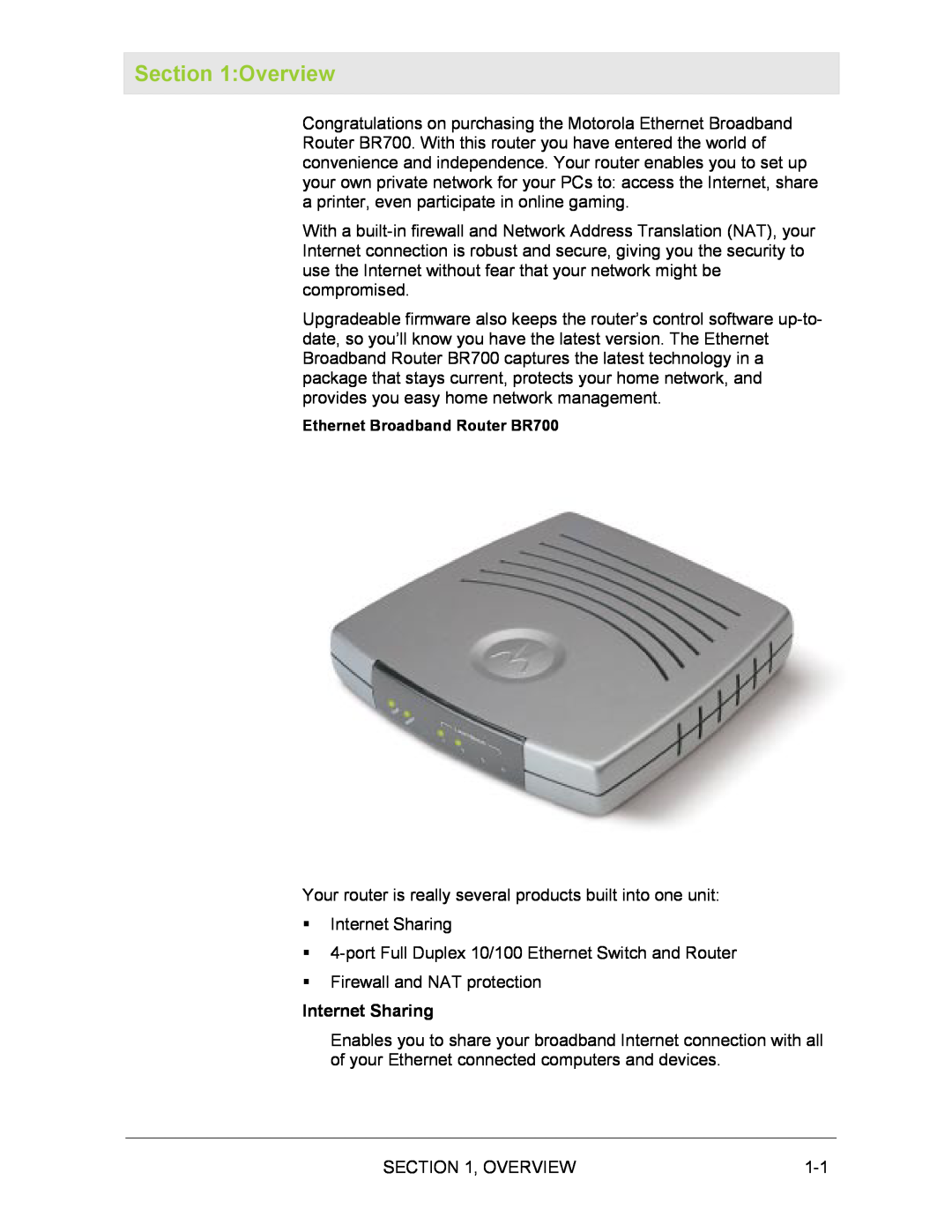 Motorola BR700 manual Overview, Internet Sharing 