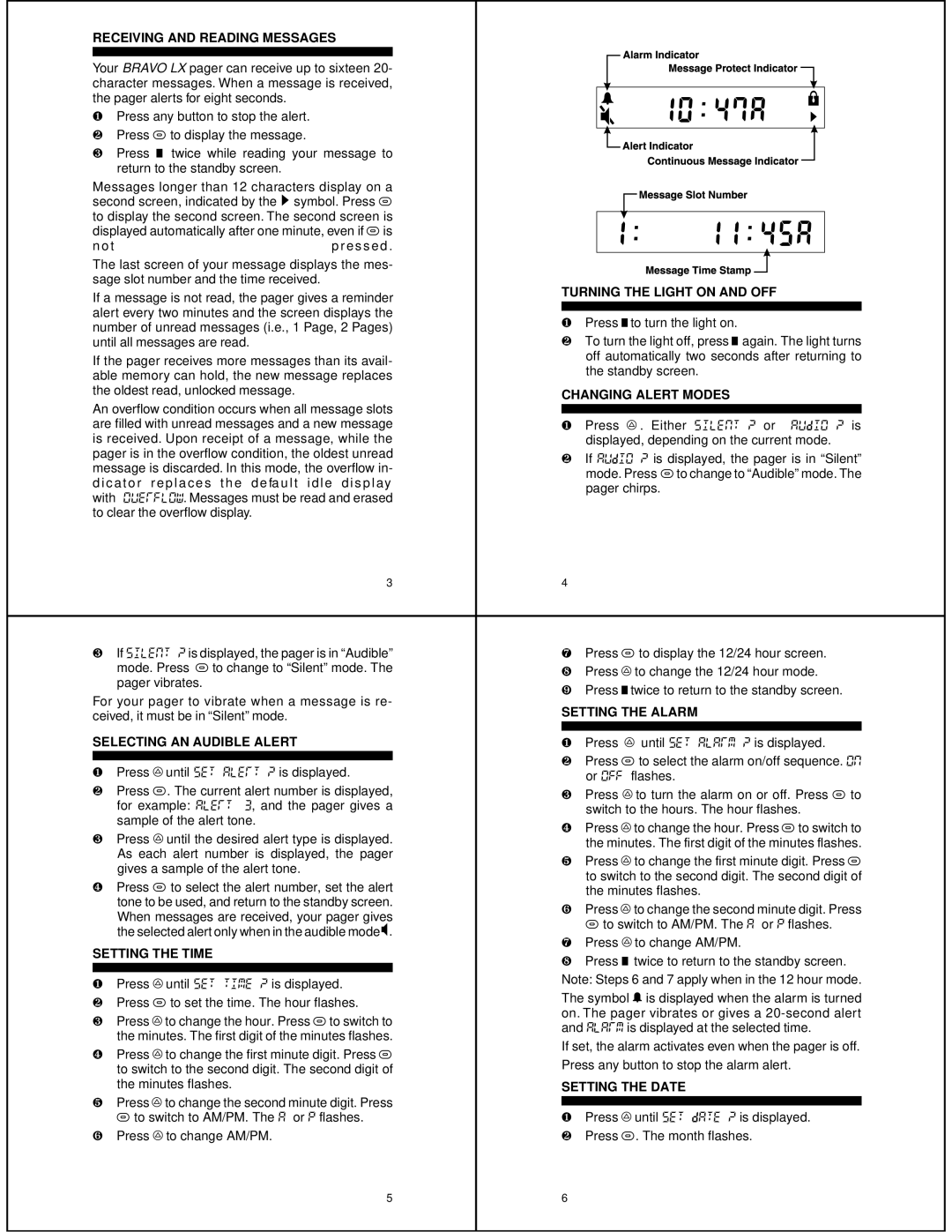 Motorola BRAVOLX Receiving and Reading Messages, Turning the Light on and OFF, Changing Alert Modes, Setting the Alarm 