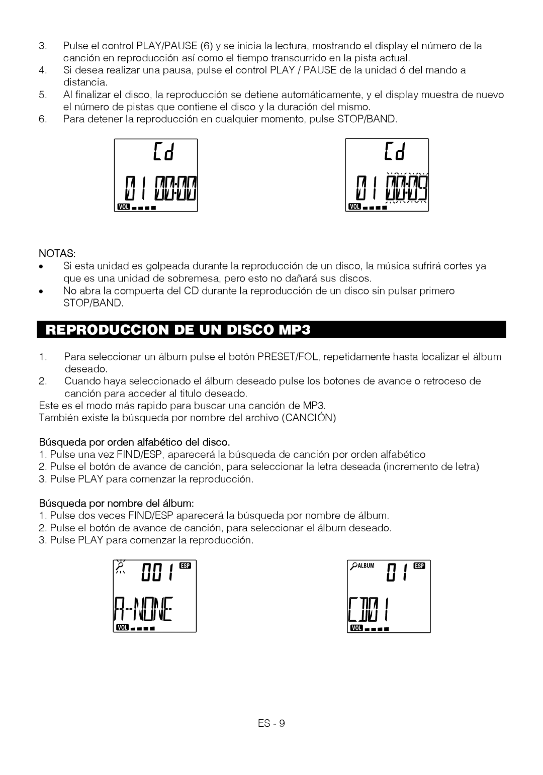 Motorola BSA-1520 instruction manual Reproduccion DE UN Disco MP3, Notas, Búsqueda por orden alfabético del disco 