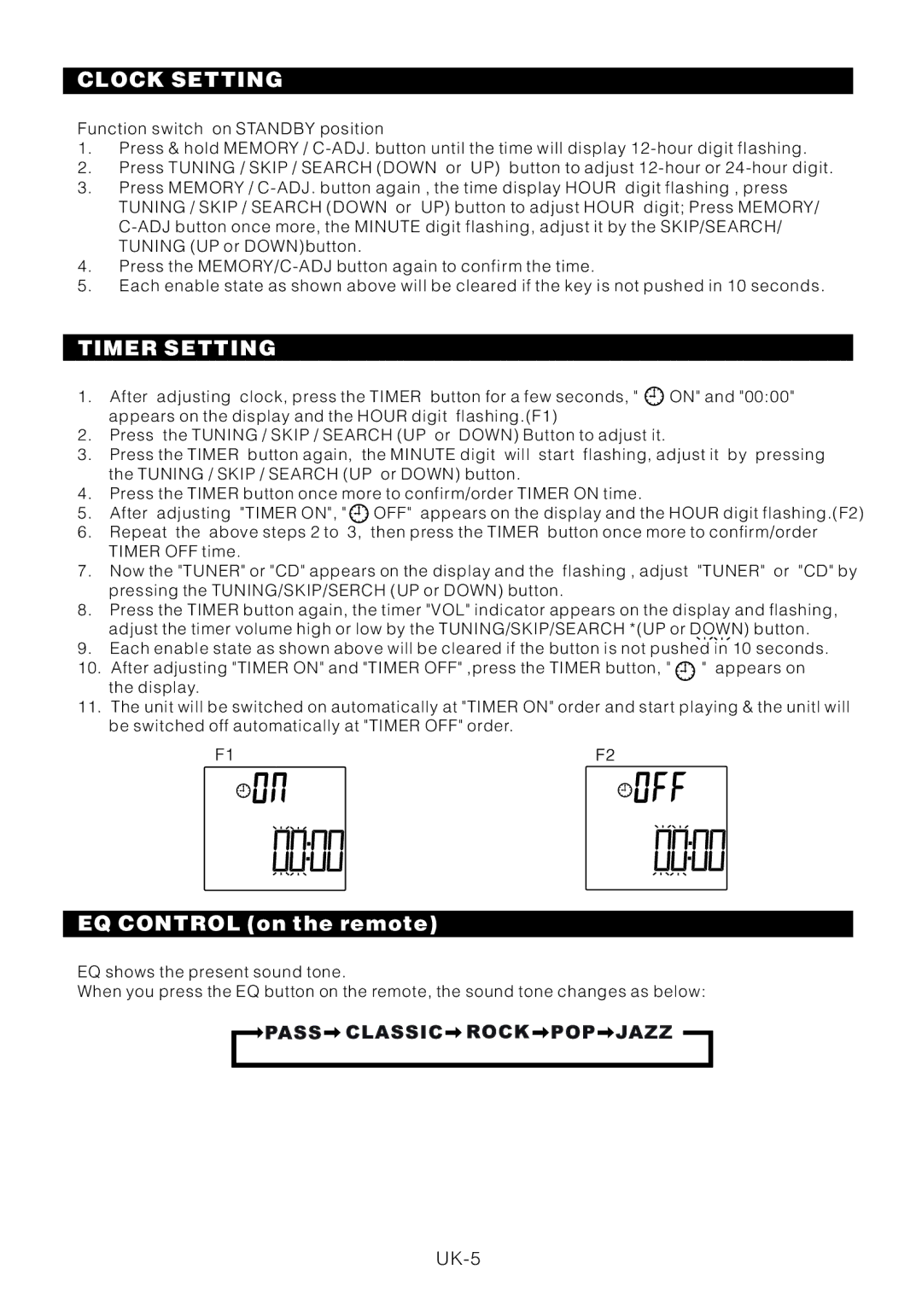 Motorola BSA-1520 instruction manual Clock Setting, Timer Setting, EQ Control on the remote 