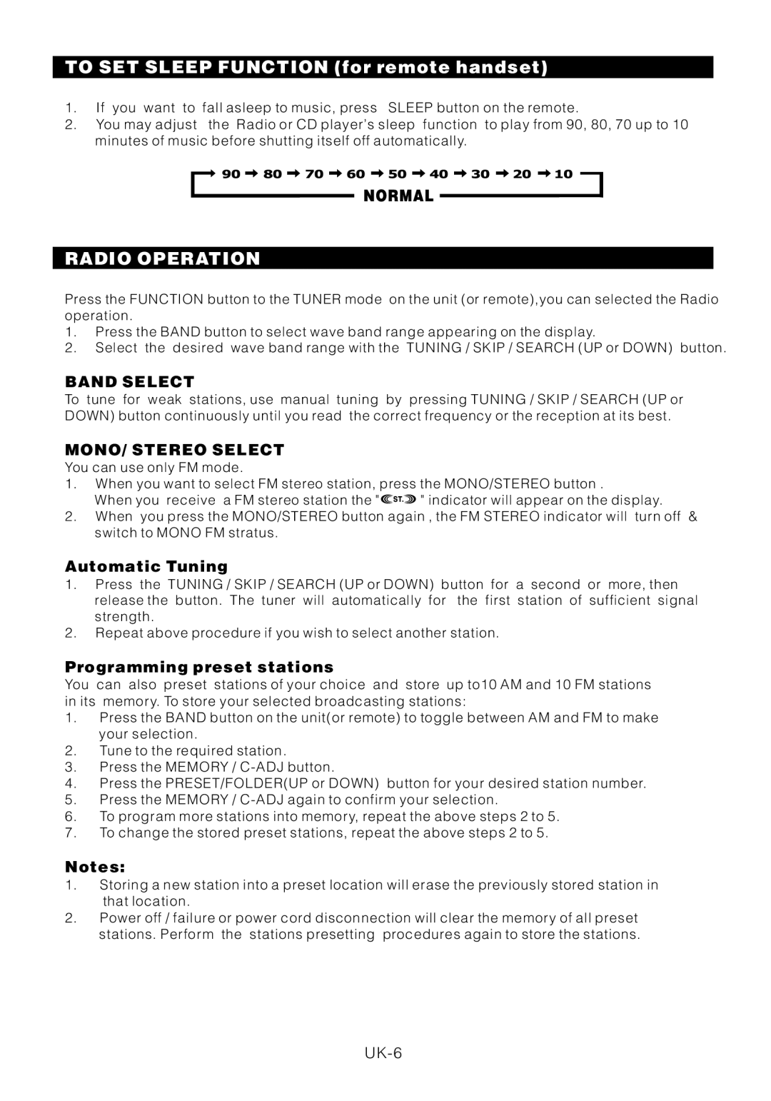 Motorola BSA-1520 instruction manual To SET Sleep Function for remote handset, Radio Operation 