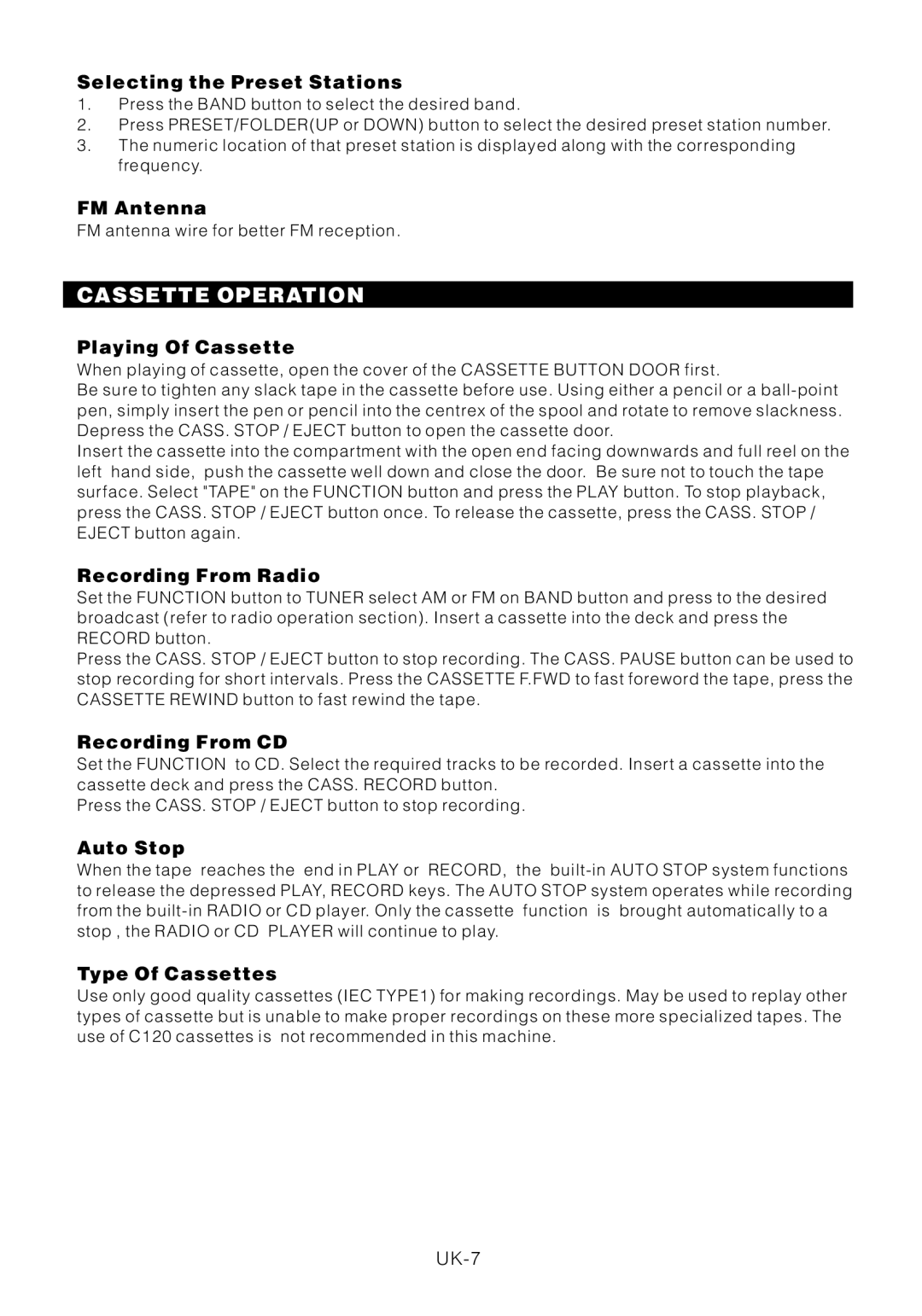 Motorola BSA-1520 instruction manual Cassette Operation, Selecting the Preset Stations 