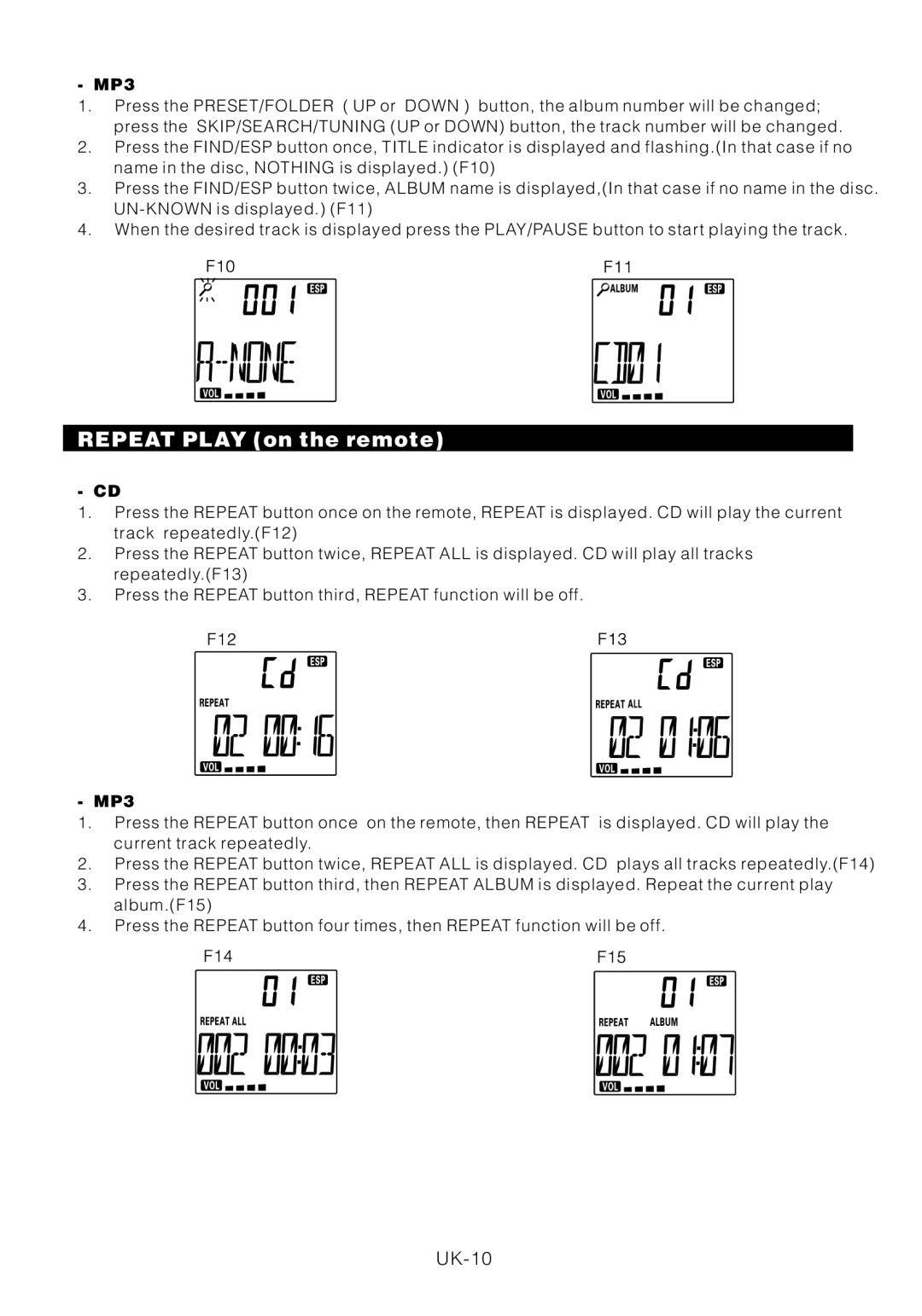 Motorola BSA-1520 instruction manual Repeat Play on the remote, MP3 