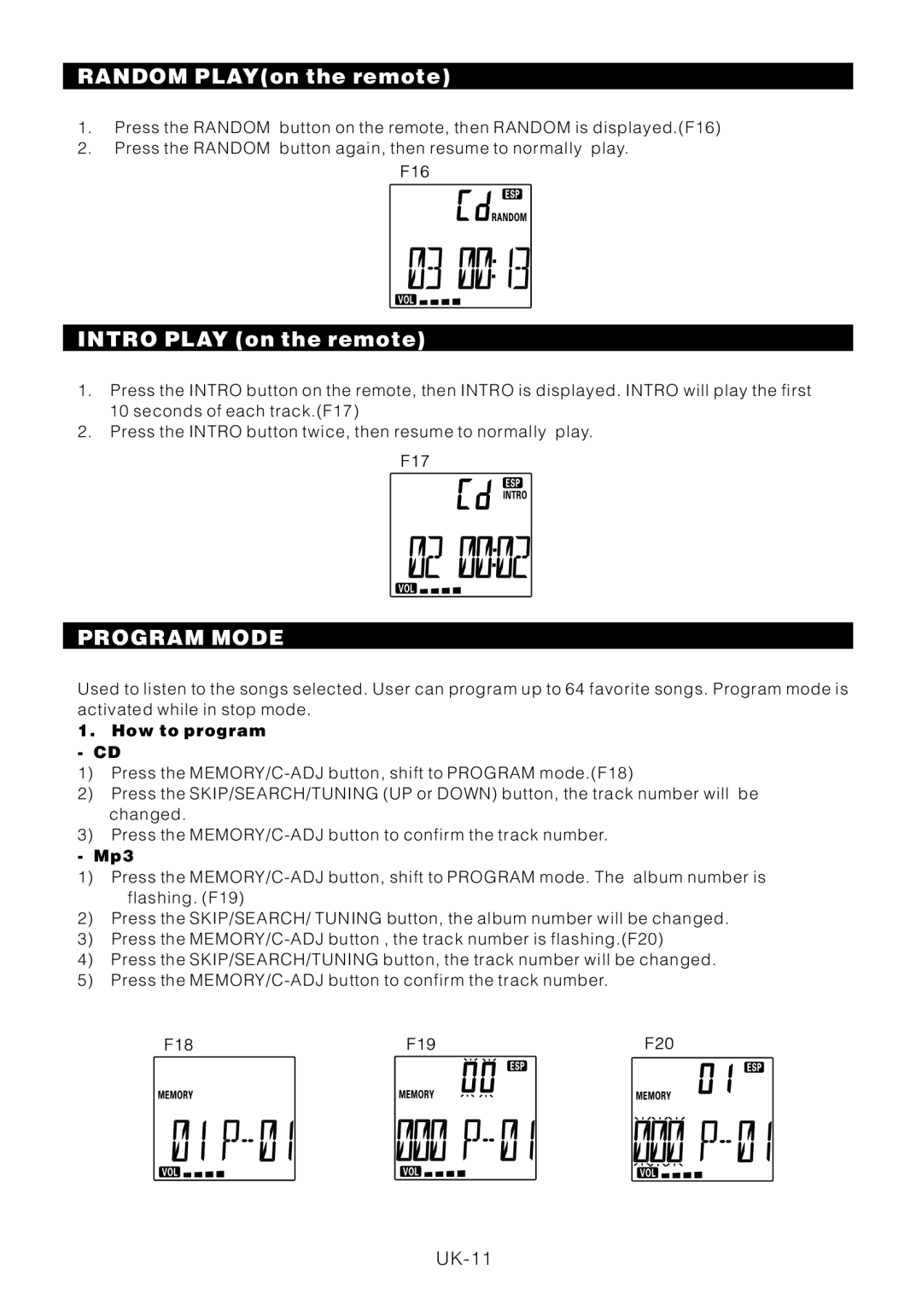 Motorola BSA-1520 instruction manual Random PLAYon the remote, Intro Play on the remote, Program Mode 