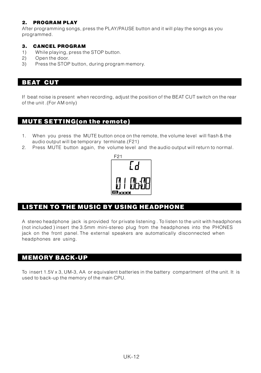 Motorola BSA-1520 Beat CUT, Mute SETTINGon the remote, Listen to the Music by Using Headphone, Memory BACK-UP 