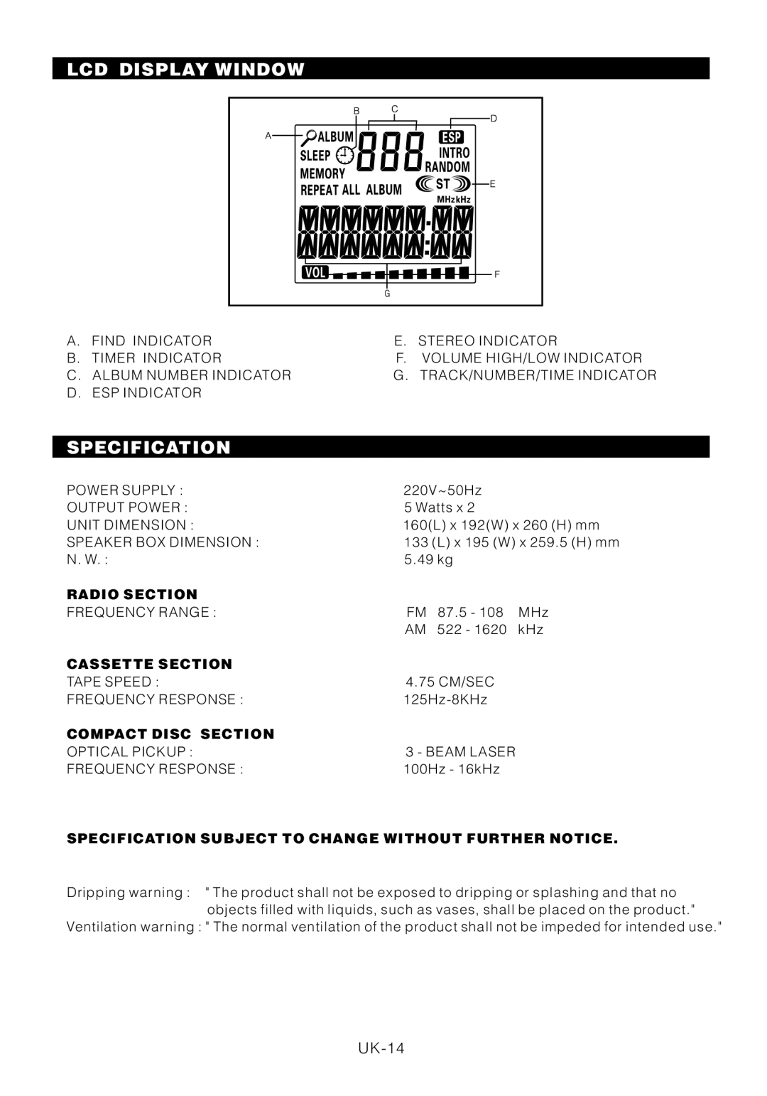 Motorola BSA-1520 instruction manual LCD Display Window, Specification 