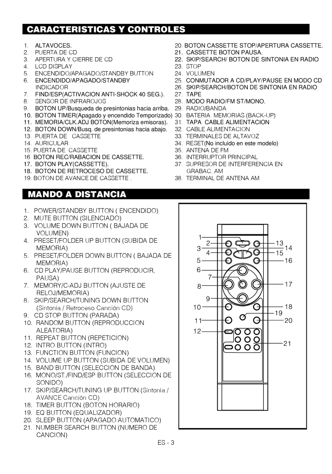 Motorola BSA-1520 instruction manual Caracteristicas Y Controles, Mando a Distancia 