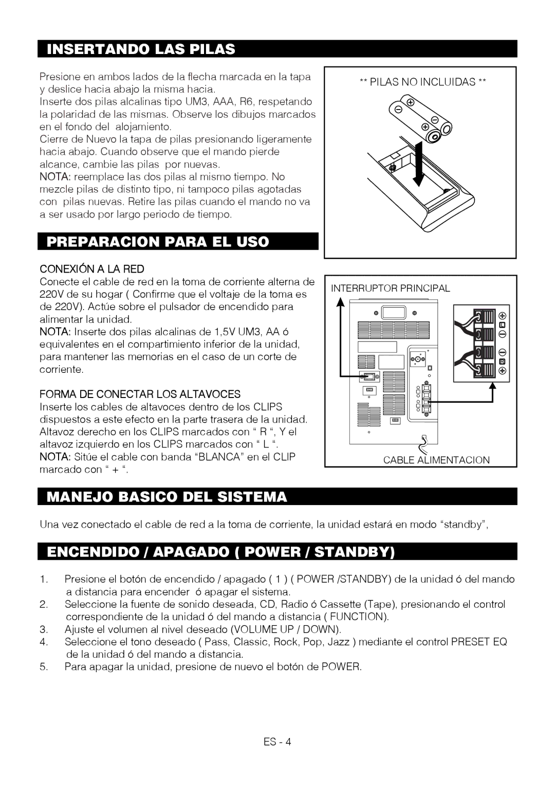 Motorola BSA-1520 instruction manual Insertando LAS Pilas, Preparacion Para EL USO, Manejo Basico DEL Sistema 