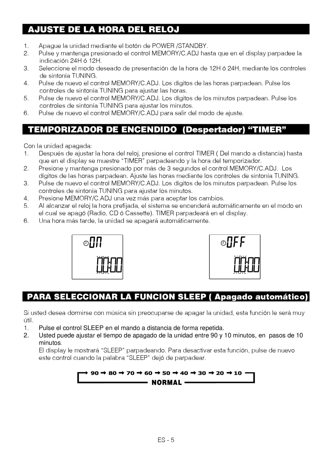 Motorola BSA-1520 instruction manual Ajuste DE LA Hora DEL Reloj, Temporizador DE Encendido Despertador Timer 