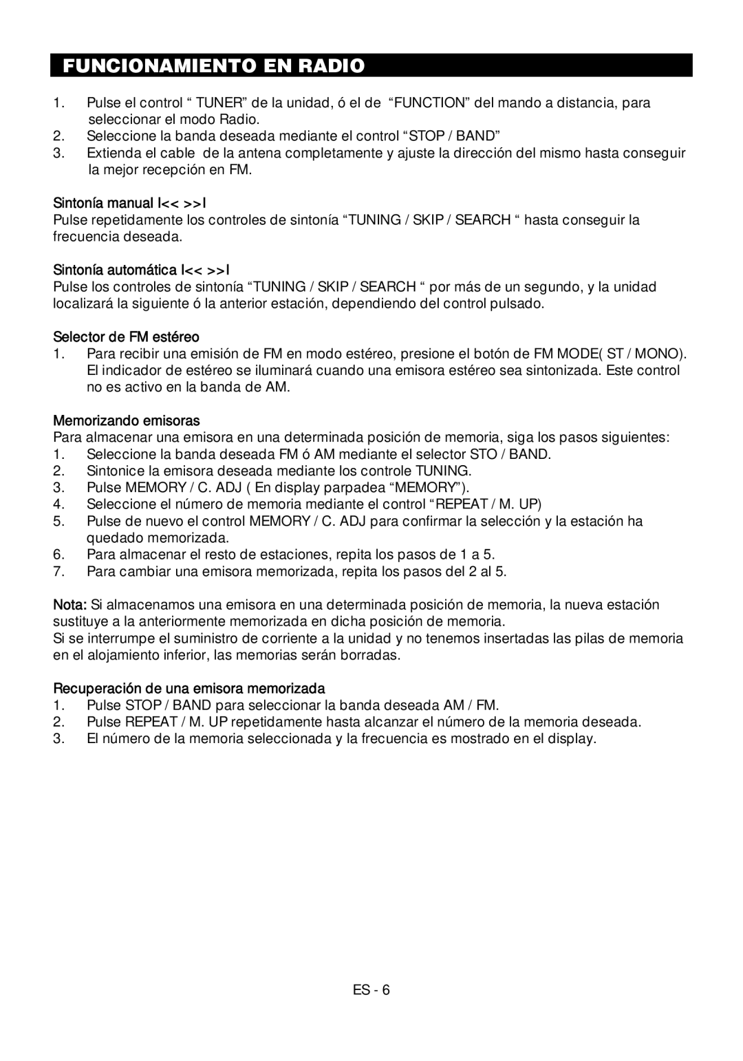 Motorola BSA-1520 instruction manual Funcionamiento EN Radio 