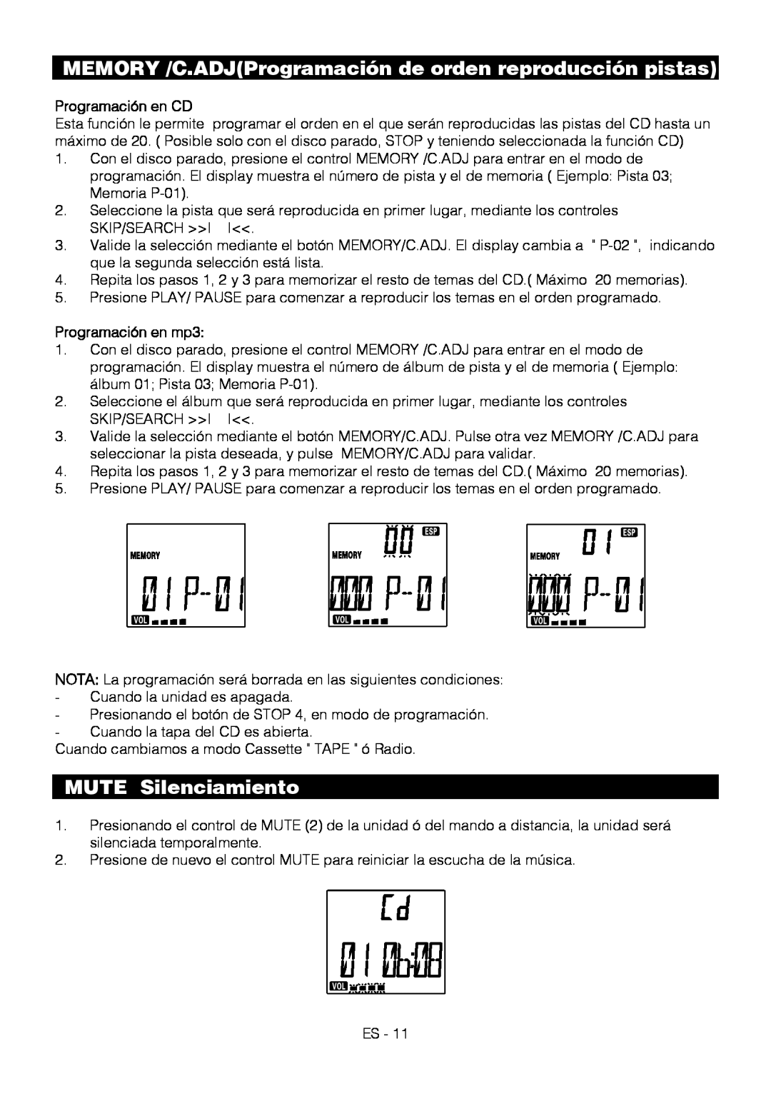 Motorola BSA-1520 instruction manual MUTE Silenciamiento, Programación en CD, Programación en mp3 