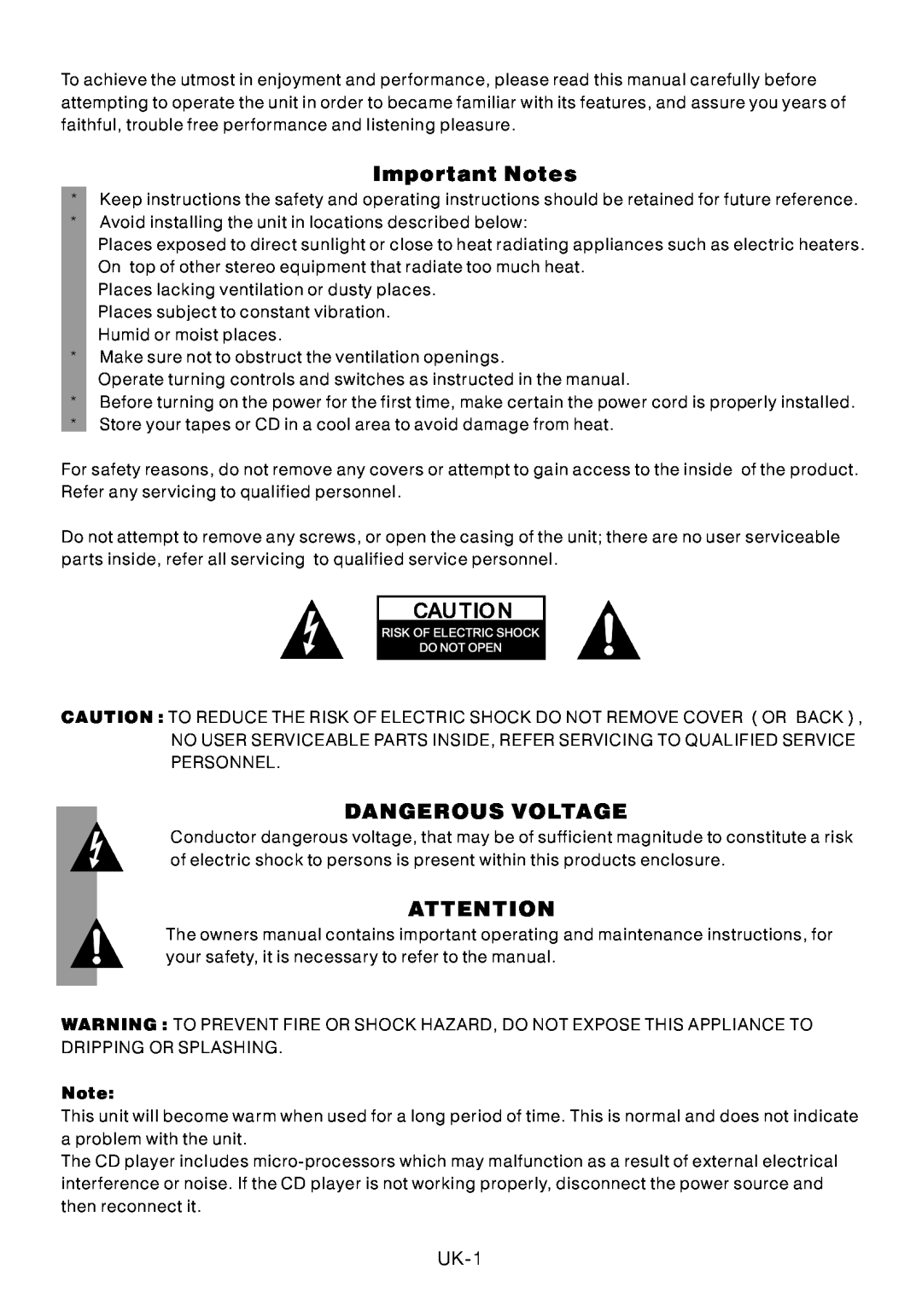 Motorola BSA-1520 instruction manual UK-1, Important Notes, Dangerous Voltage 