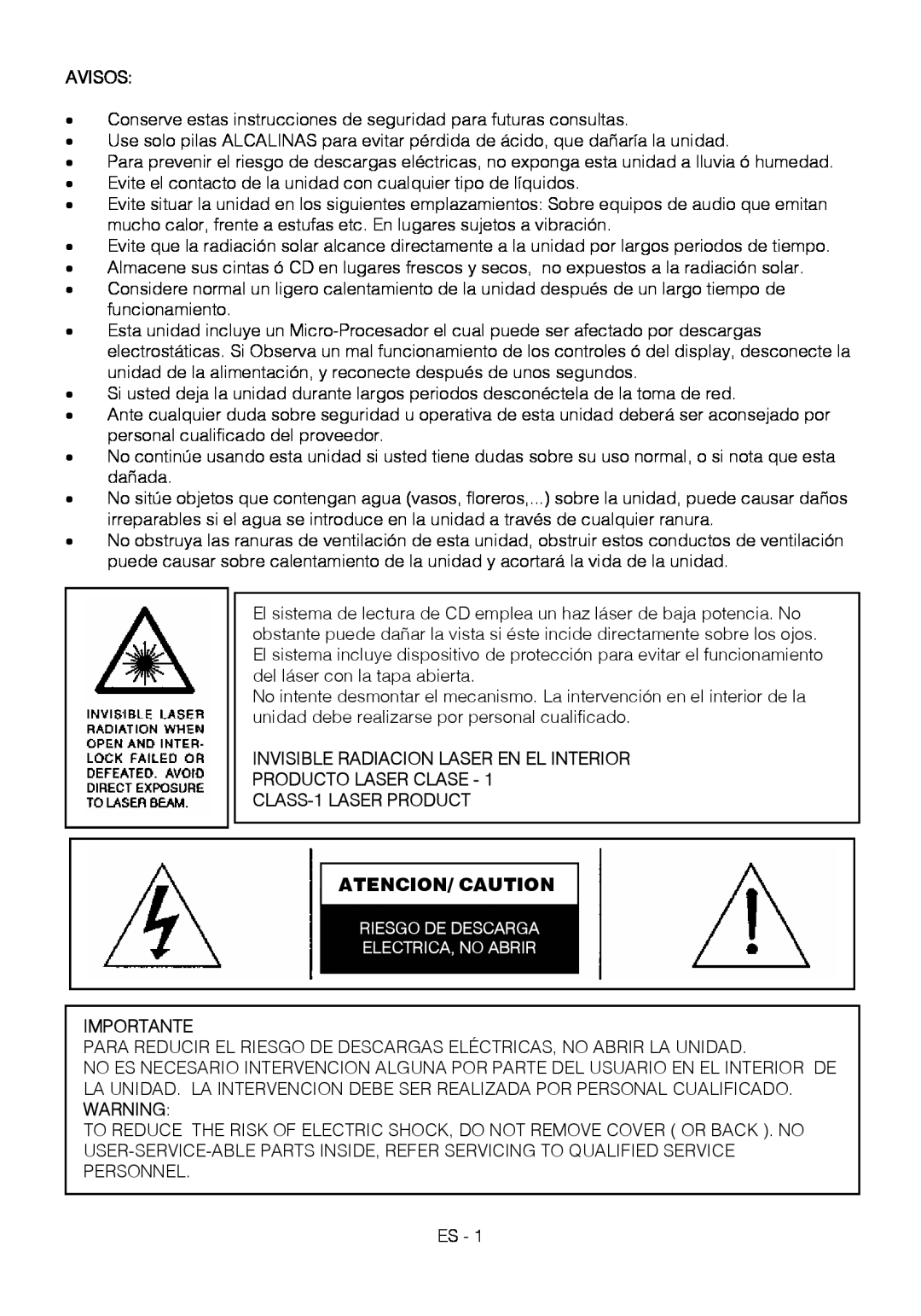 Motorola BSA-1520 instruction manual Atencion/ Caution, Avisos, Invisible Radiacion Laser En El Interior, Importante 