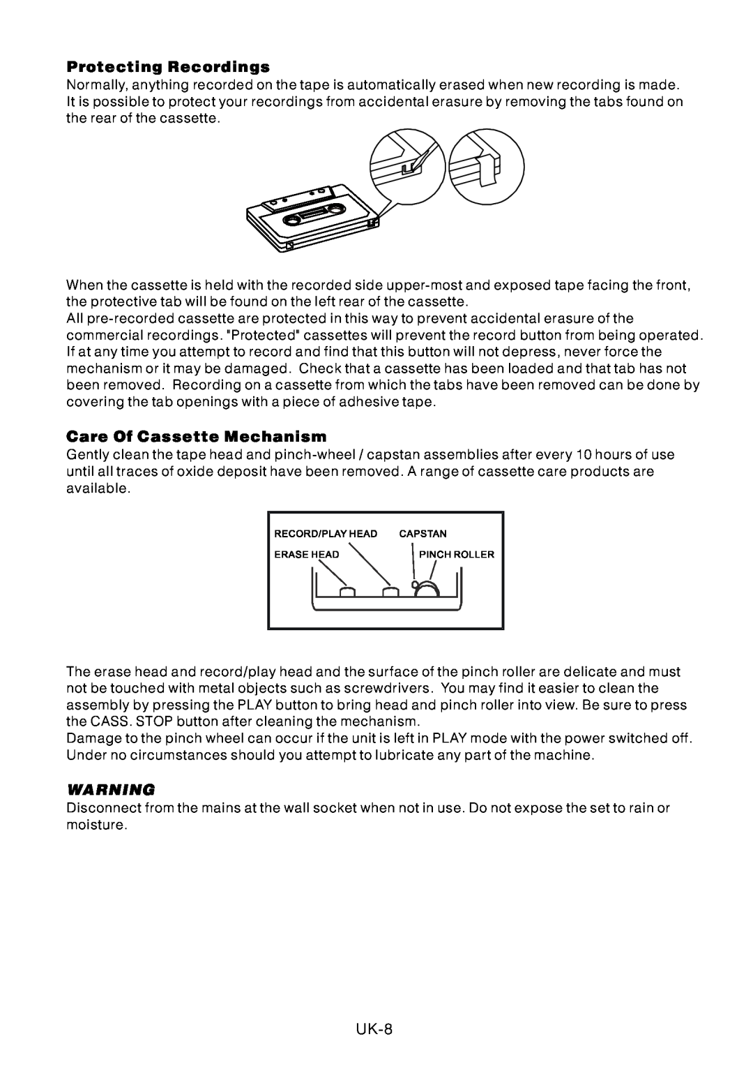 Motorola BSA-1520 instruction manual Protecting Recordings, Care Of Cassette Mechanism, UK-8 