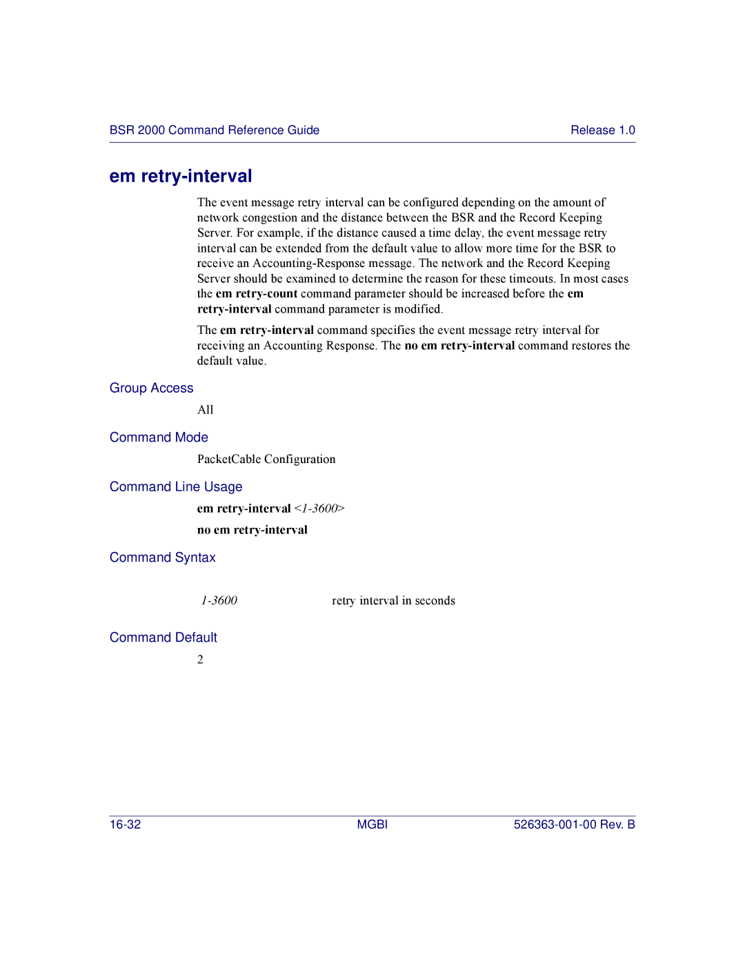 Motorola BSR 2000 manual Em retry-interval 1-3600no em retry-interval 