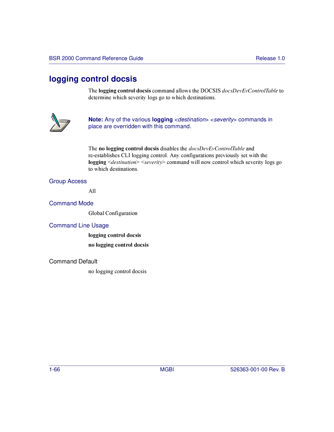 Motorola BSR 2000 manual Logging control docsis no logging control docsis 