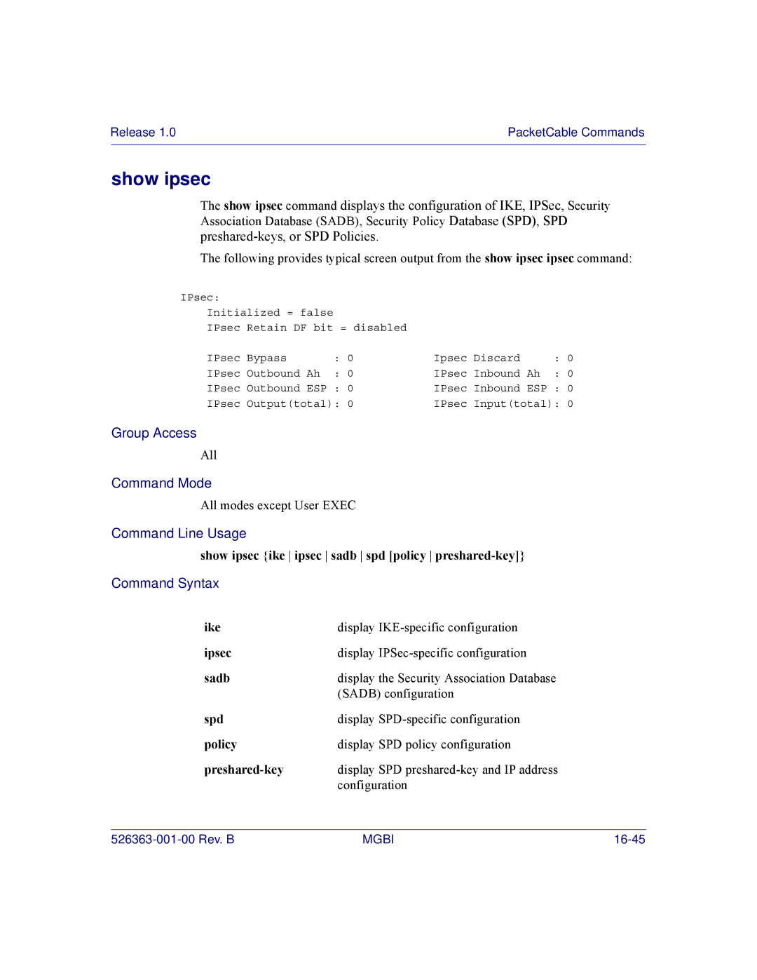 Motorola BSR 2000 manual Show ipsec ike ipsec sadb spd policy preshared-key, Policy, Preshared-key 