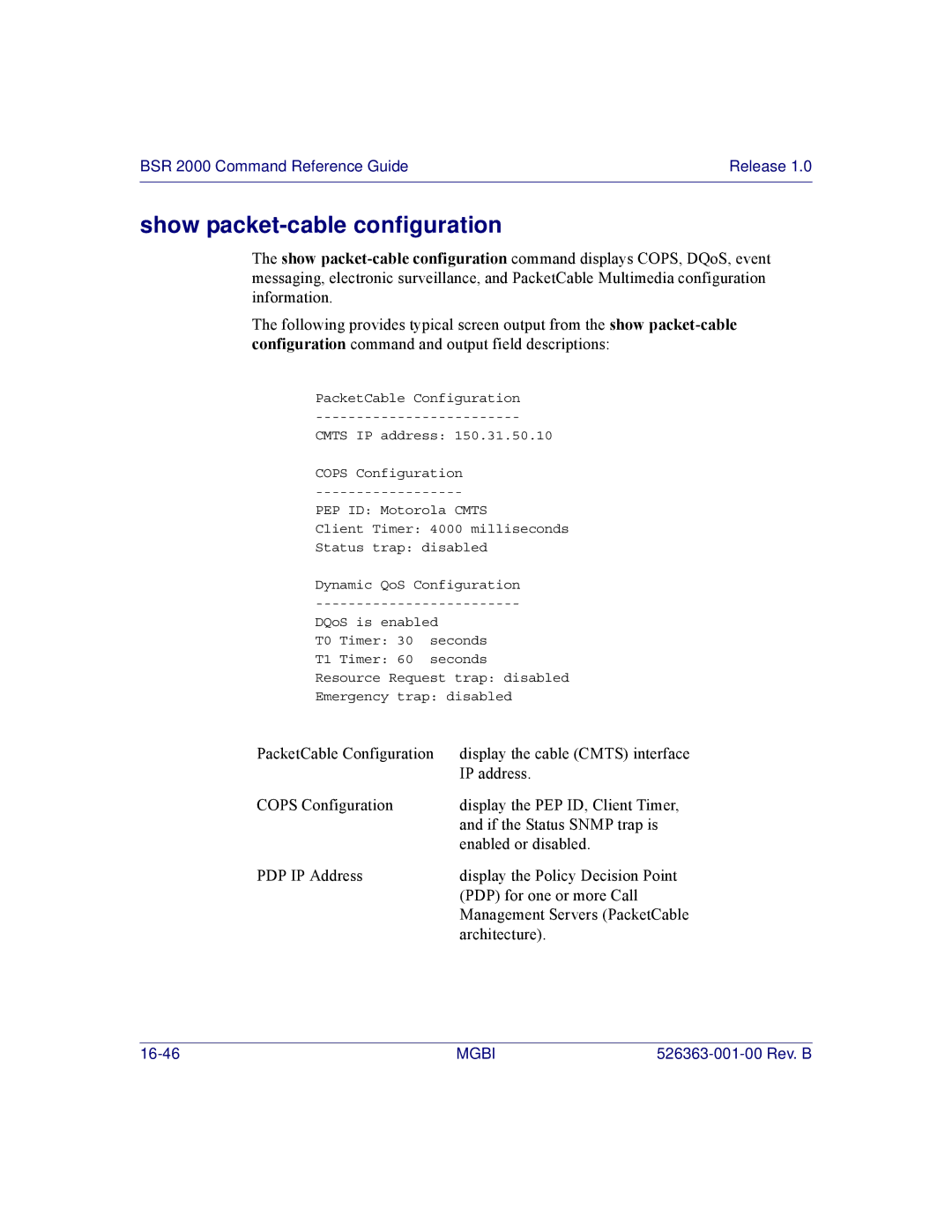 Motorola BSR 2000 manual Show packet-cable configuration 