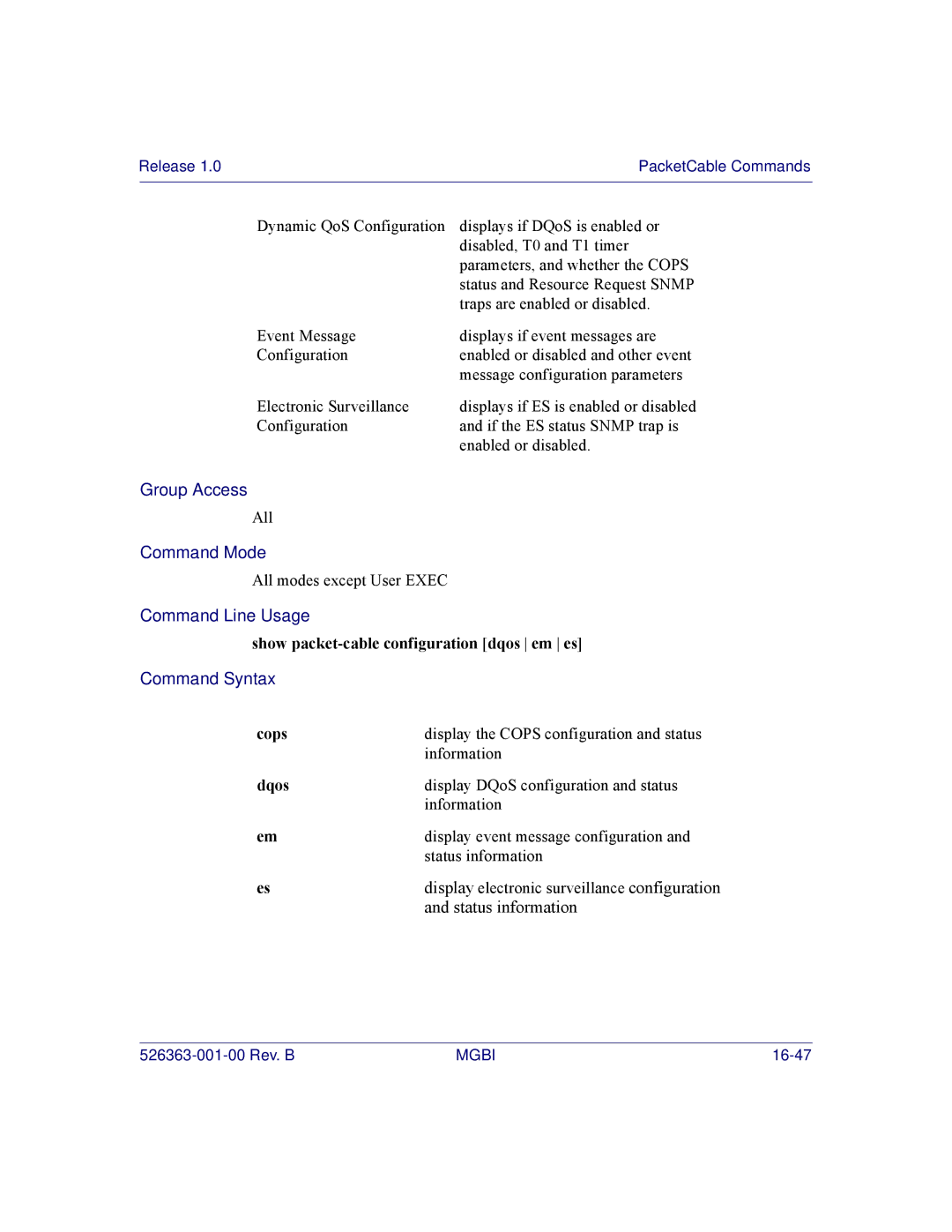 Motorola BSR 2000 manual Show packet-cable configuration dqos em es, Cops 