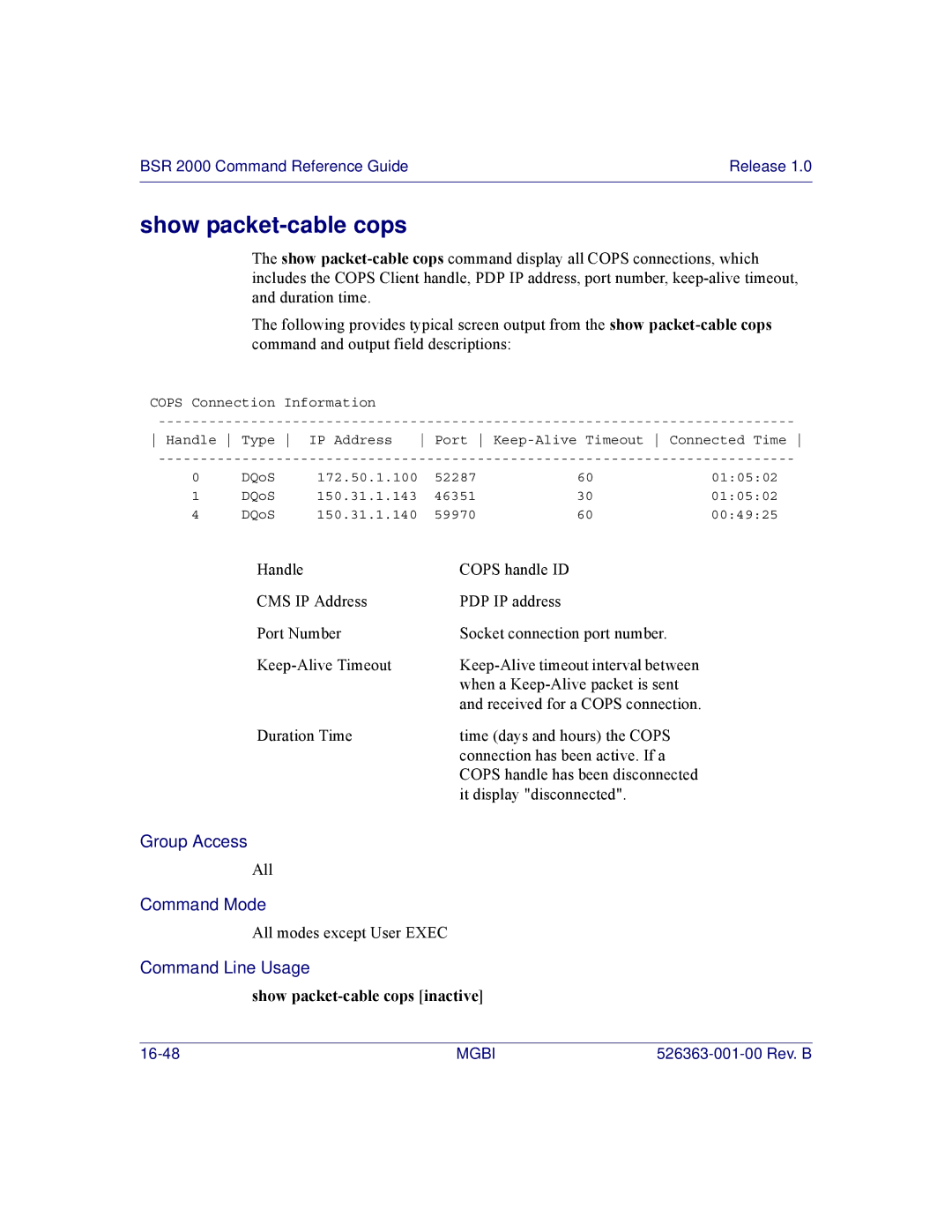 Motorola BSR 2000 manual Show packet-cable cops inactive 