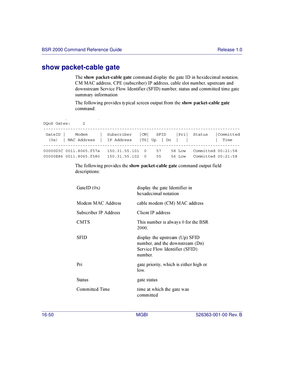 Motorola BSR 2000 manual Show packet-cable gate, Sfid 